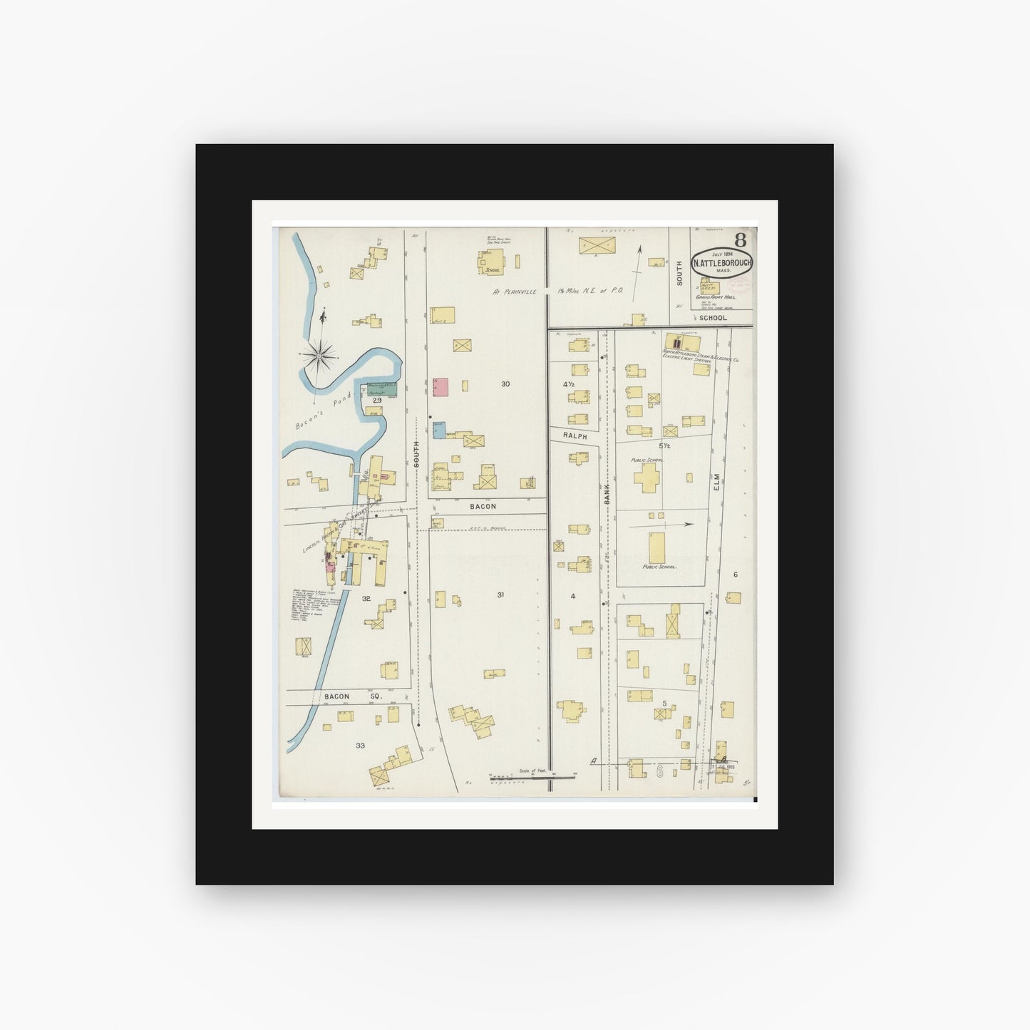 Old map wall art mockup — black gallery frame with white mat — Sanborn Fire Insurance Map from North Attleborough, Bristol County, Massachusetts (1894), Sheet #0008