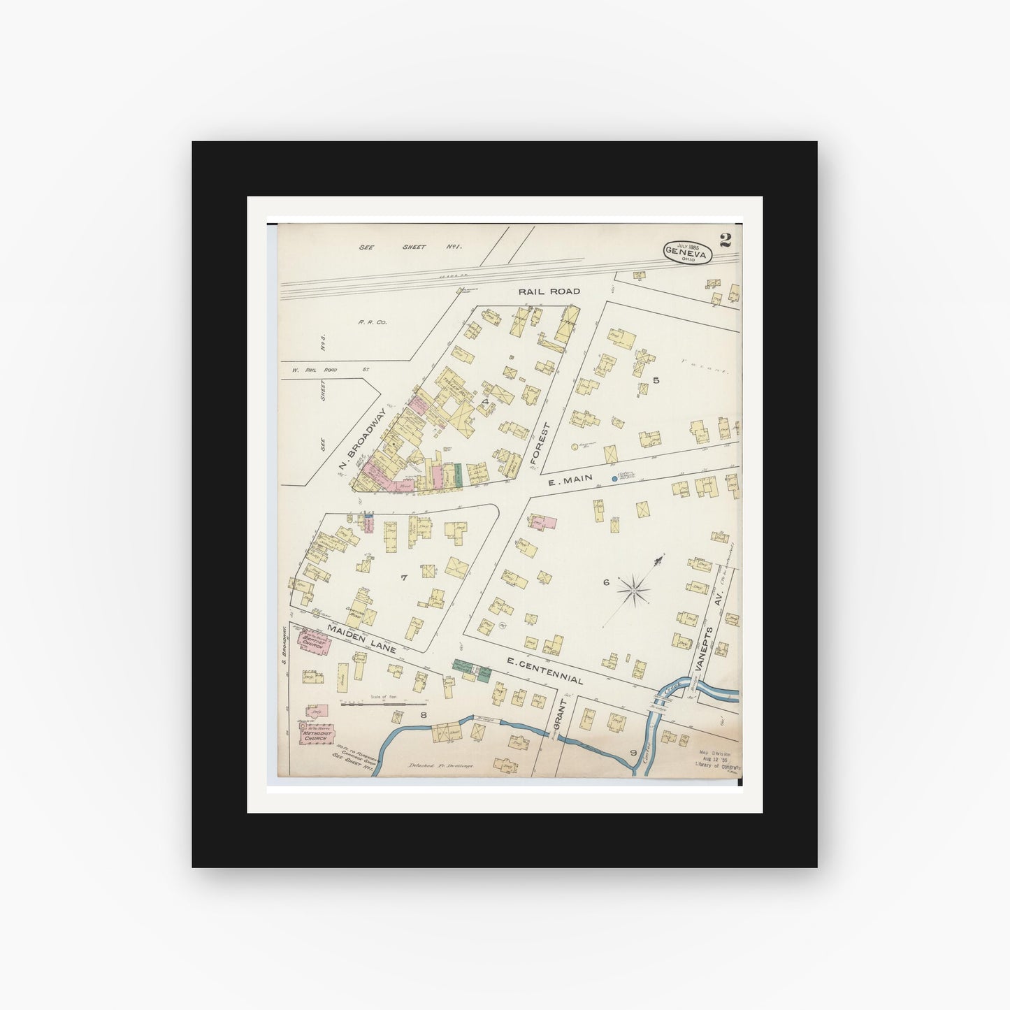 Old map wall art mockup — black gallery frame with white mat — Sanborn Fire Insurance Map from Geneva, Ashtabula County, Ohio (1885), Sheet #0002