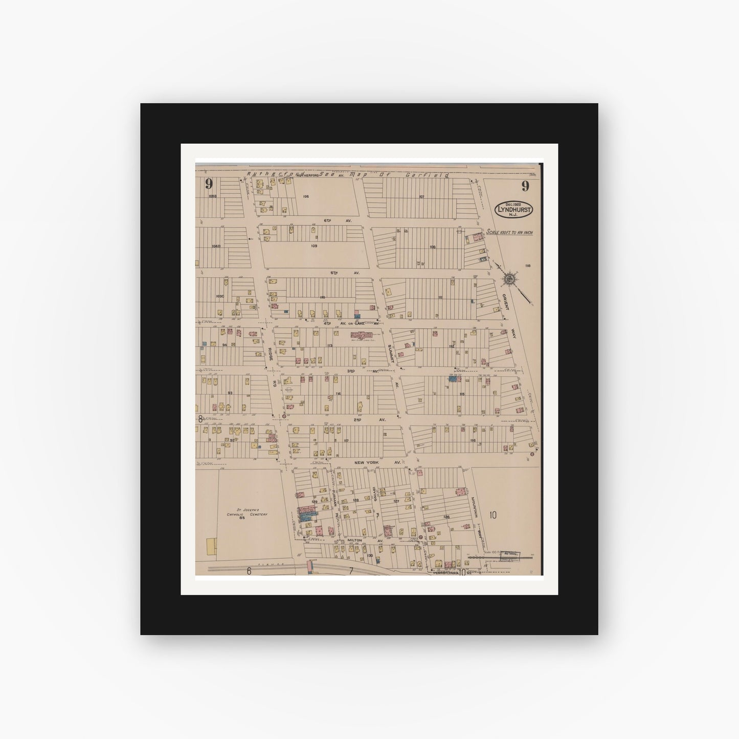 Old map wall art mockup — black gallery frame with white mat — Sanborn Fire Insurance Map from Lyndhurst, Bergen County, New Jersey (1922), Sheet #0009
