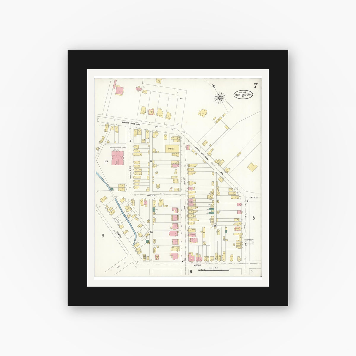 Old map wall art mockup — black gallery frame with white mat — Sanborn Fire Insurance Map from Huntingdon, Huntingdon County, Pennsylvania (1906), Sheet #0007