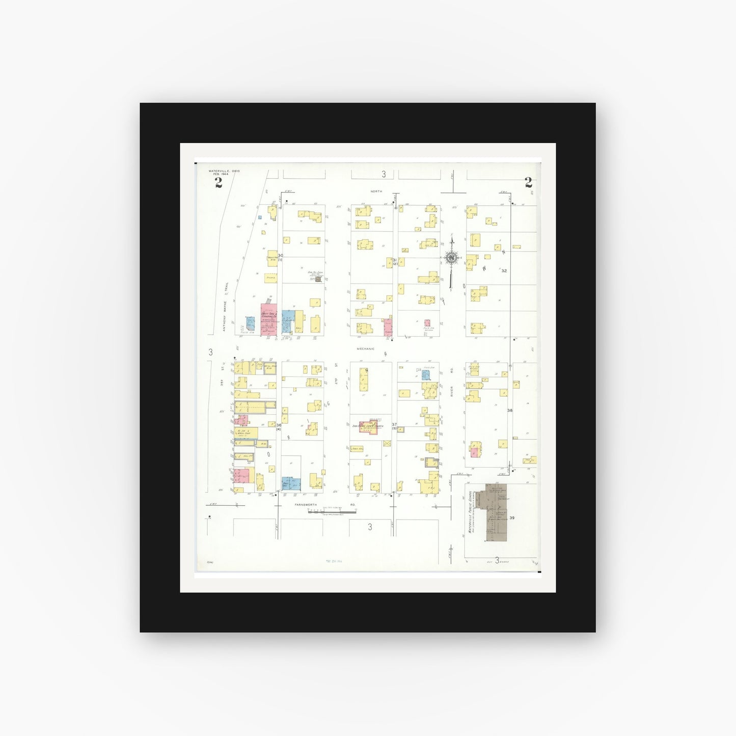 Old map wall art mockup — black gallery frame with white mat — Sanborn Fire Insurance Map from Waterville, Lucas County, Ohio (1944), Sheet #0002
