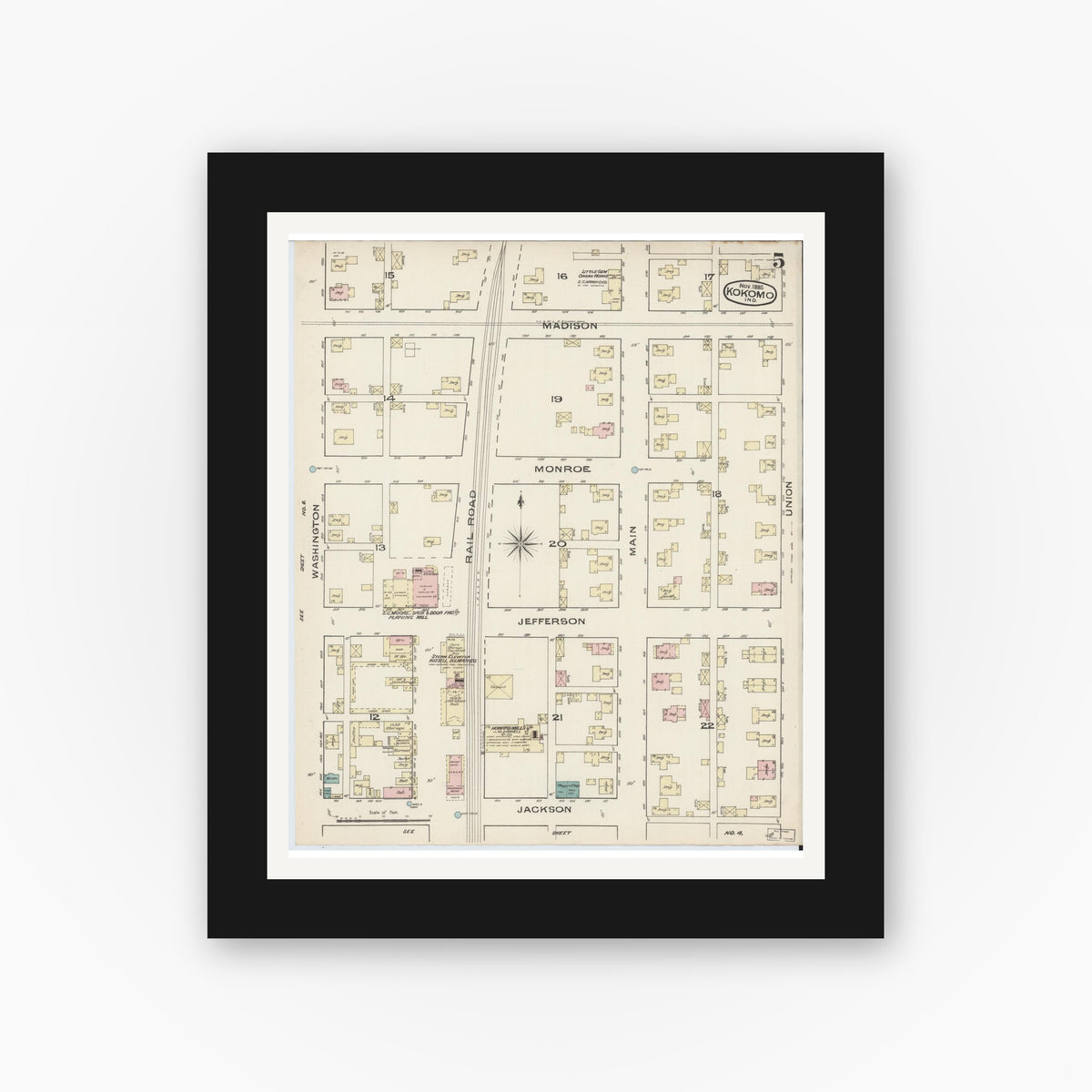 Old map wall art mockup — black gallery frame with white mat — Sanborn Fire Insurance Map from Kokomo, Howard County, Indiana (1885), Sheet #0005