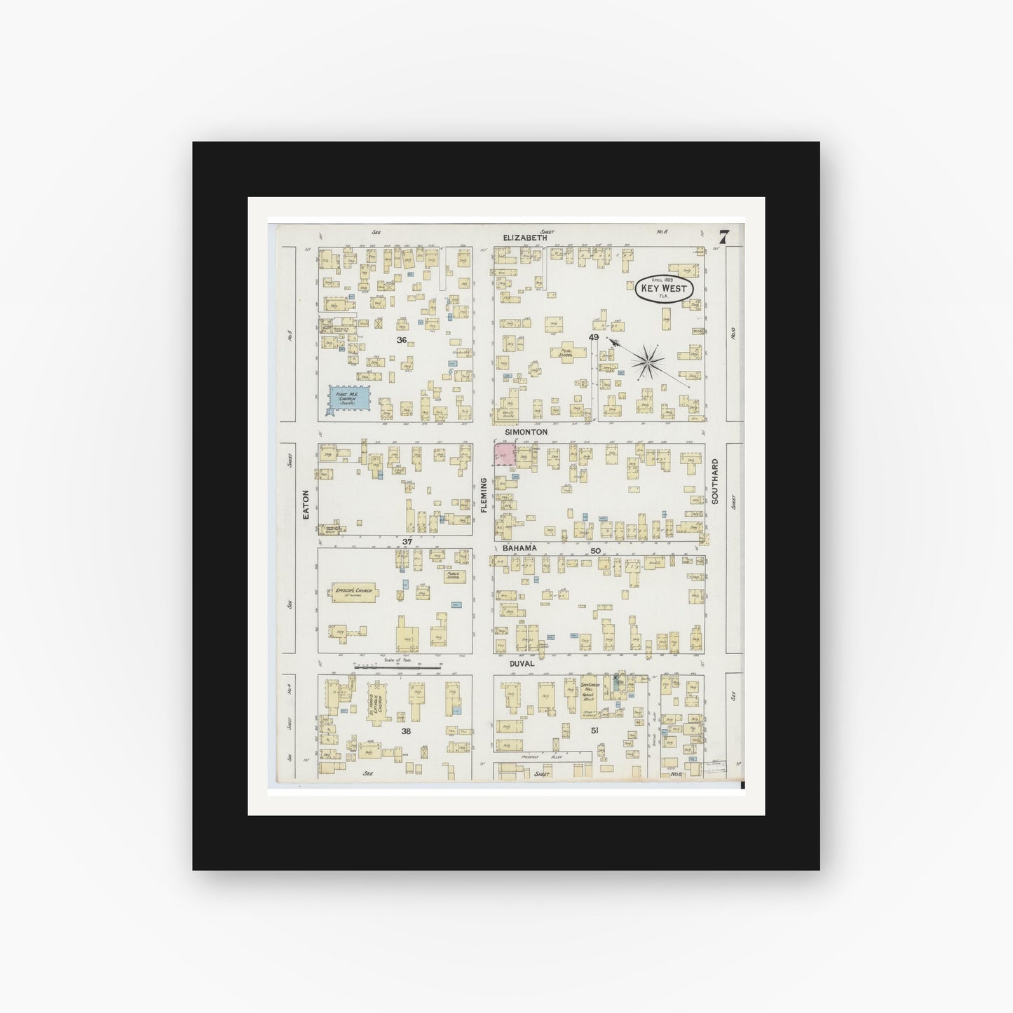 Old map wall art mockup — black gallery frame with white mat — Sanborn Fire Insurance Map from Key West, Monroe County, Florida (1889), Sheet #0007