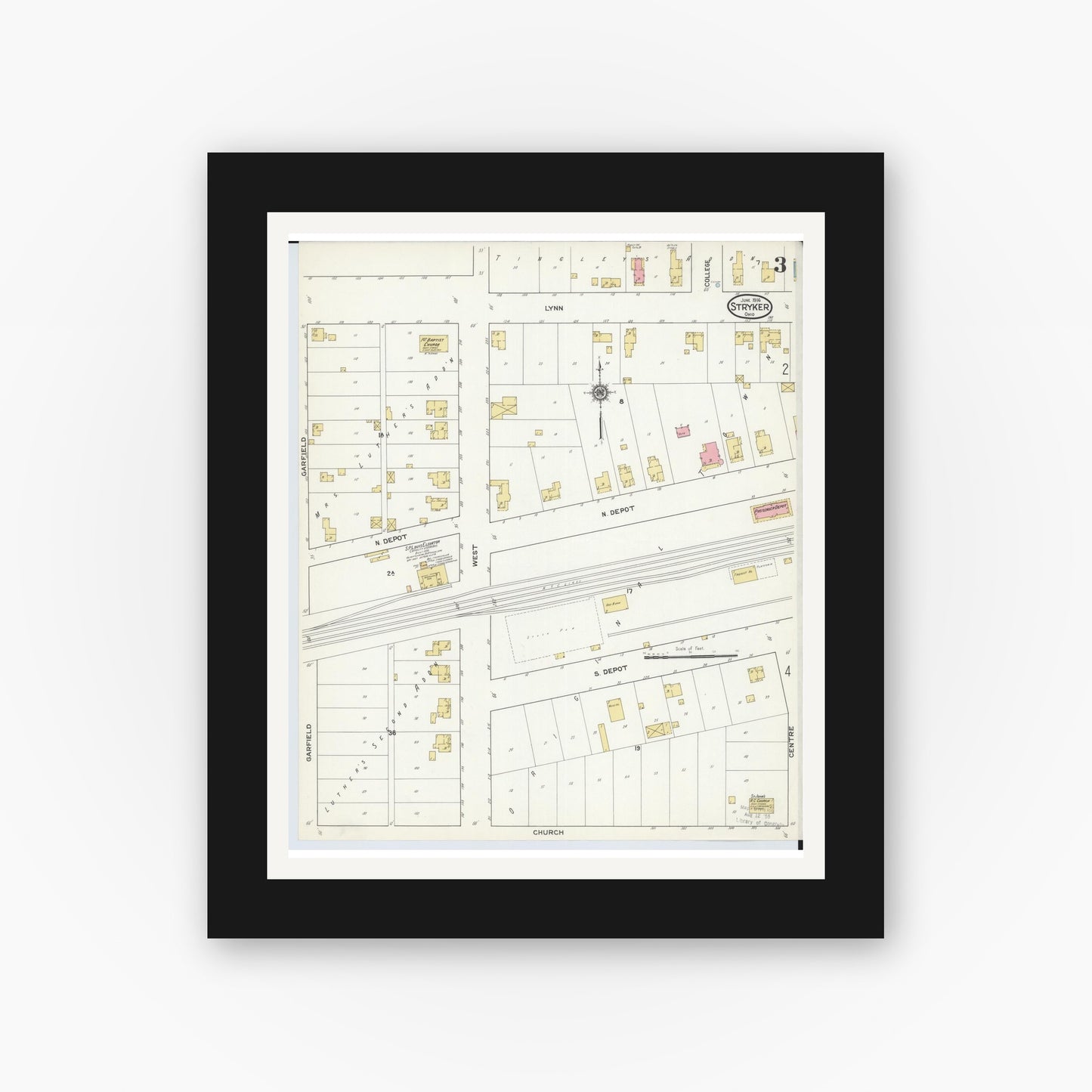 Old map wall art mockup — black gallery frame with white mat — Sanborn Fire Insurance Map from Stryker, Williams County, Ohio (1916), Sheet #0003