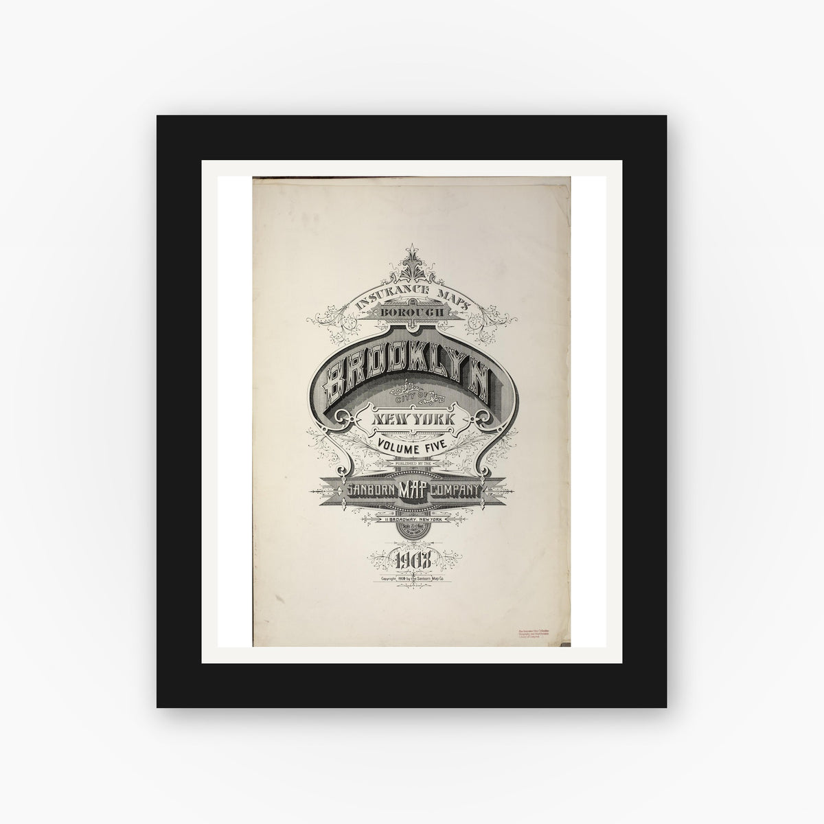 Old map wall art mockup — black gallery frame with white mat — Sanborn Fire Insurance Map from Brooklyn, Kings County, New York (1908), Sheet #0001