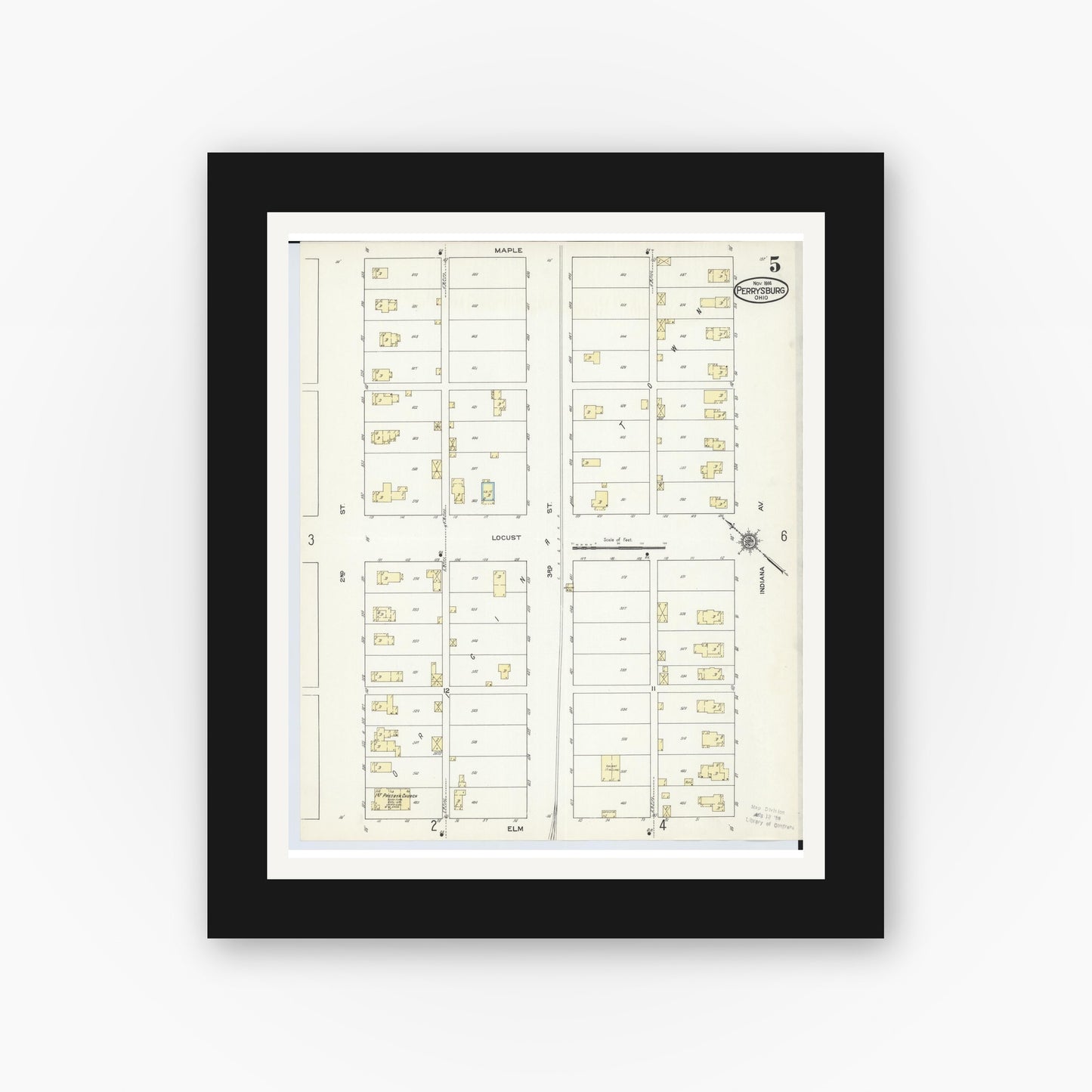 Old map wall art mockup — black gallery frame with white mat — Sanborn Fire Insurance Map from Perrysburg, Wood County, Ohio (1914), Sheet #0005