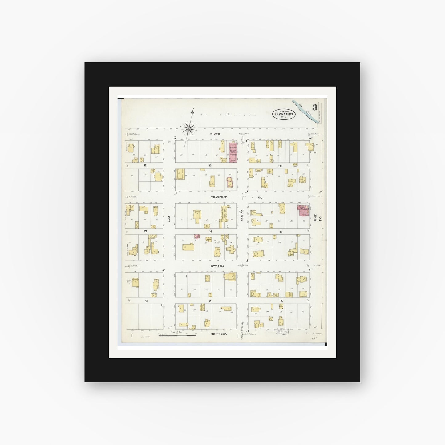 Old map wall art mockup — black gallery frame with white mat — Sanborn Fire Insurance Map from Elk Rapids, Antrim County, Michigan (1907), Sheet #0003