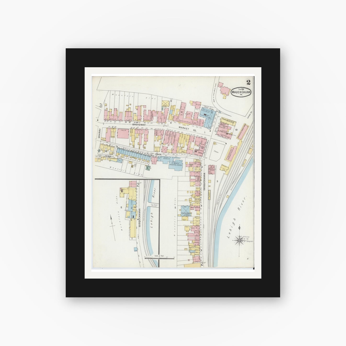 Old map wall art mockup — black gallery frame with white mat — Sanborn Fire Insurance Map from Mauch Chunk, Carbon County, Pennsylvania (1896), Sheet #0002