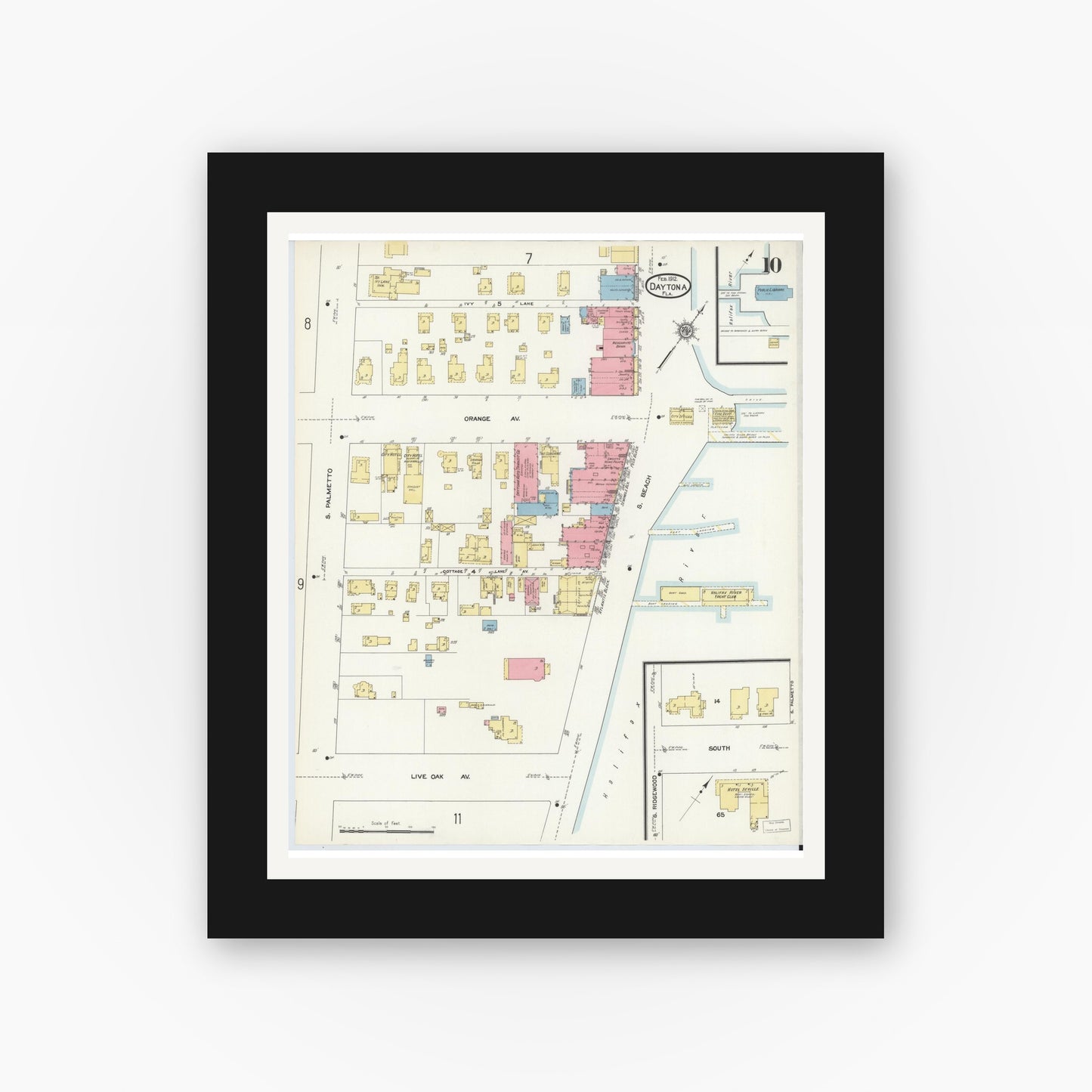 Old map wall art mockup — black gallery frame with white mat — Sanborn Fire Insurance Map from Daytona, Volusia County, Florida (1912), Sheet #0010