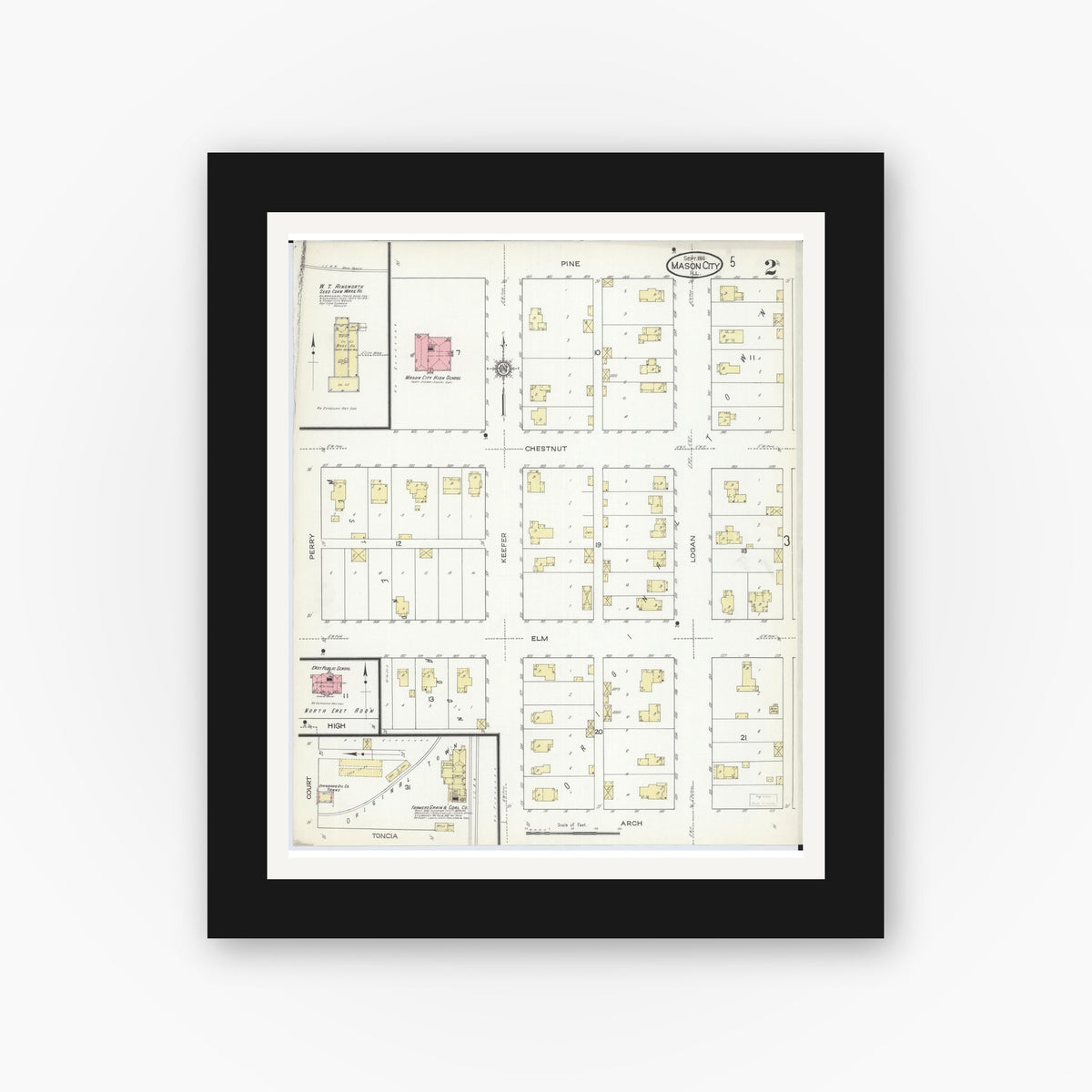 Old map wall art mockup — black gallery frame with white mat — Sanborn Fire Insurance Map from Mason City, Mason County, Illinois (1914), Sheet #0002