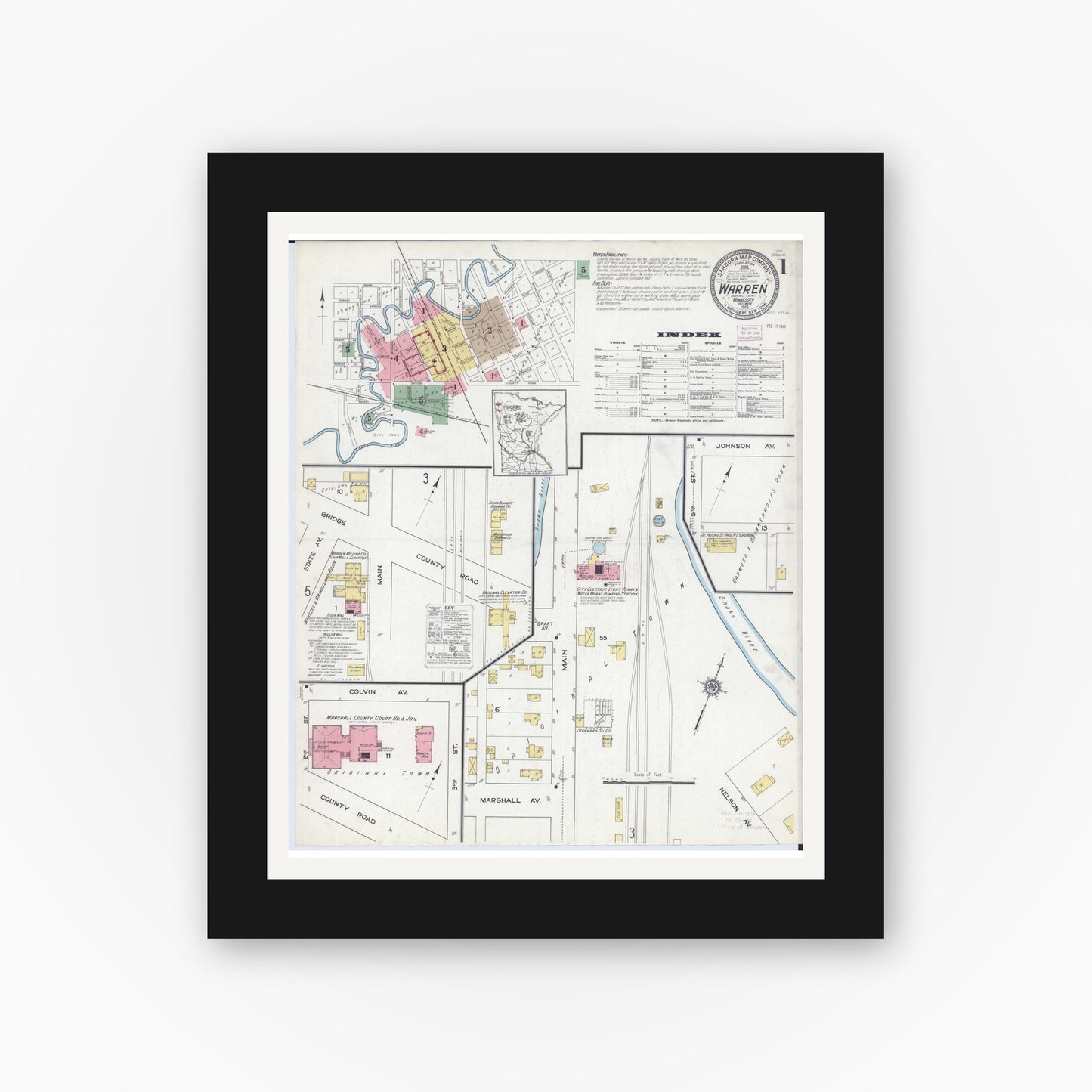 Old map wall art mockup — black gallery frame with white mat — Sanborn Fire Insurance Map from Warren, Marshall County, Minnesota (1915) - Complete Map Set