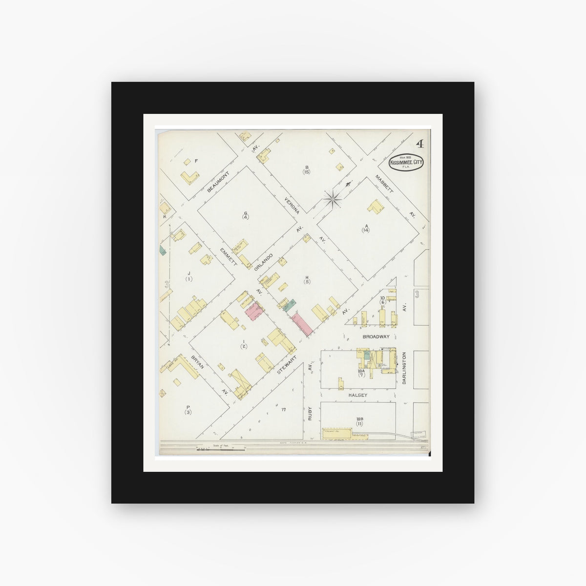 Old map wall art mockup — black gallery frame with white mat — Sanborn Fire Insurance Map from Kissimmee, Osceola County, Florida (1893), Sheet #0004