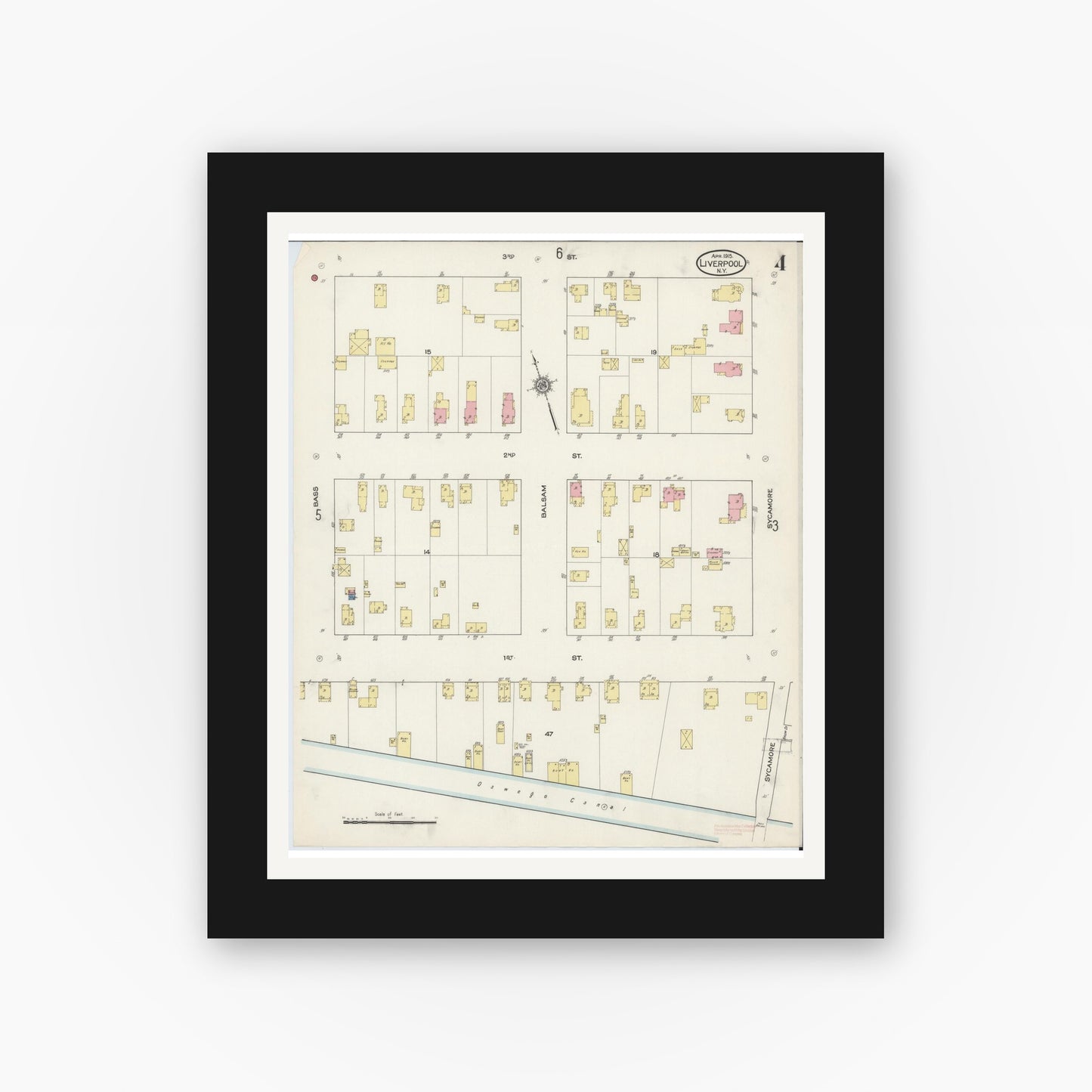 Old map wall art mockup — black gallery frame with white mat — Sanborn Fire Insurance Map from Liverpool, Onondaga County, New York (1915), Sheet #0004