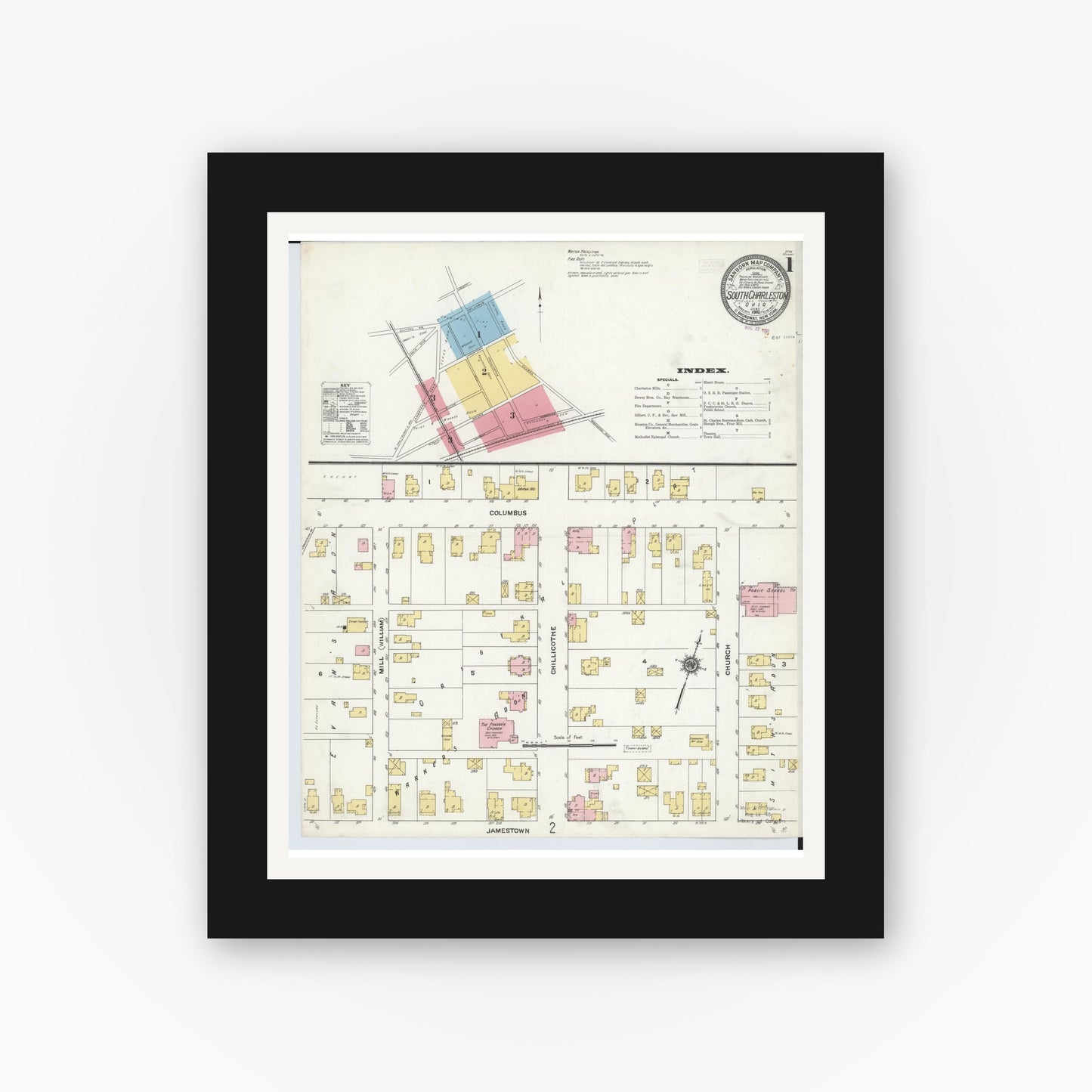 Old map wall art mockup — black gallery frame with white mat — Sanborn Fire Insurance Map from South Charleston, Clark County, Ohio (1910), Sheet #0001
