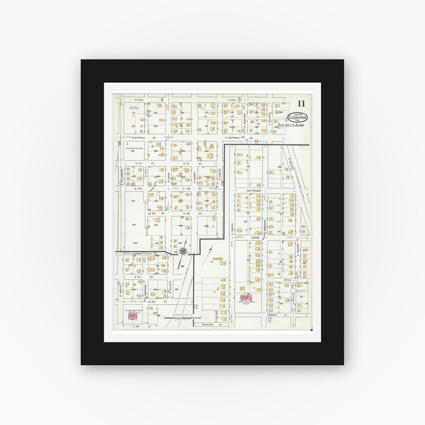 Old map wall art mockup — black gallery frame with white mat — Sanborn Fire Insurance Map from Cleburne, Johnson County, Texas (1918), Sheet #0011