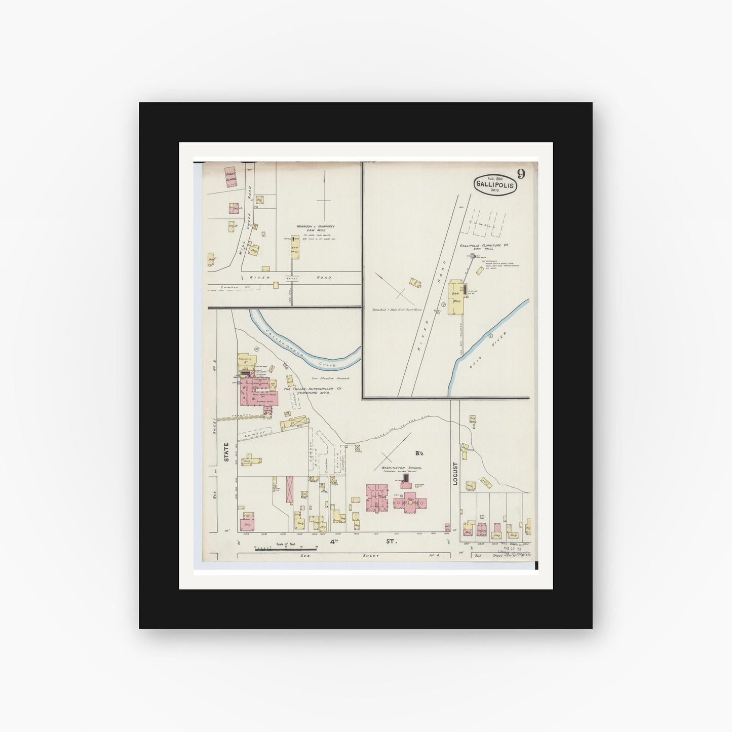 Old map wall art mockup — black gallery frame with white mat — Sanborn Fire Insurance Map from Gallipolis, Gallia County, Ohio (1890), Sheet #0009