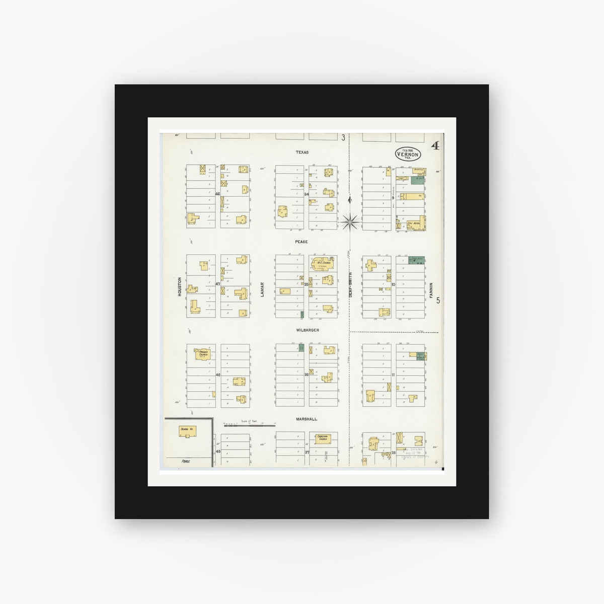 Old map wall art mockup — black gallery frame with white mat — Sanborn Fire Insurance Map from Vernon, Wilbarger County, Texas (1902), Sheet #0004
