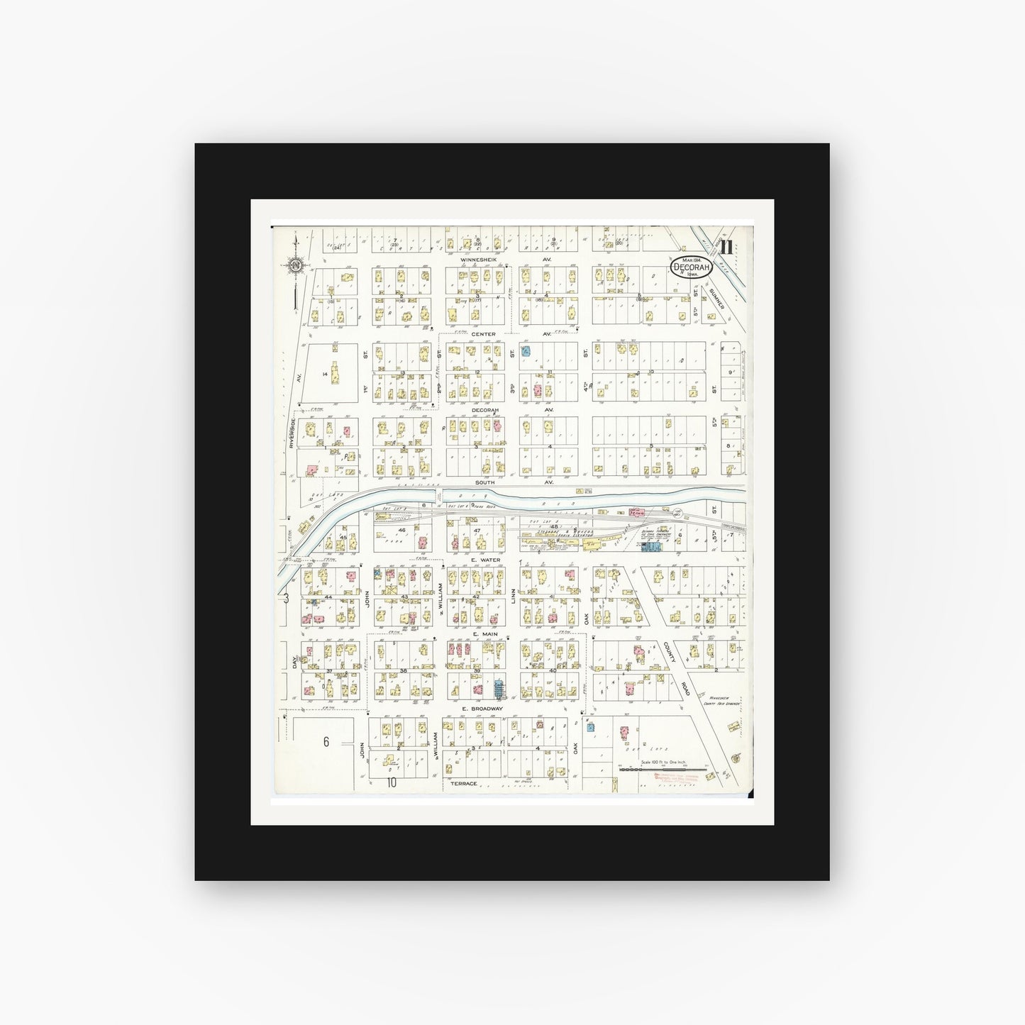 Old map wall art mockup — black gallery frame with white mat — Sanborn Fire Insurance Map from Decorah, Winneshiek County, Iowa (1914), Sheet #0011