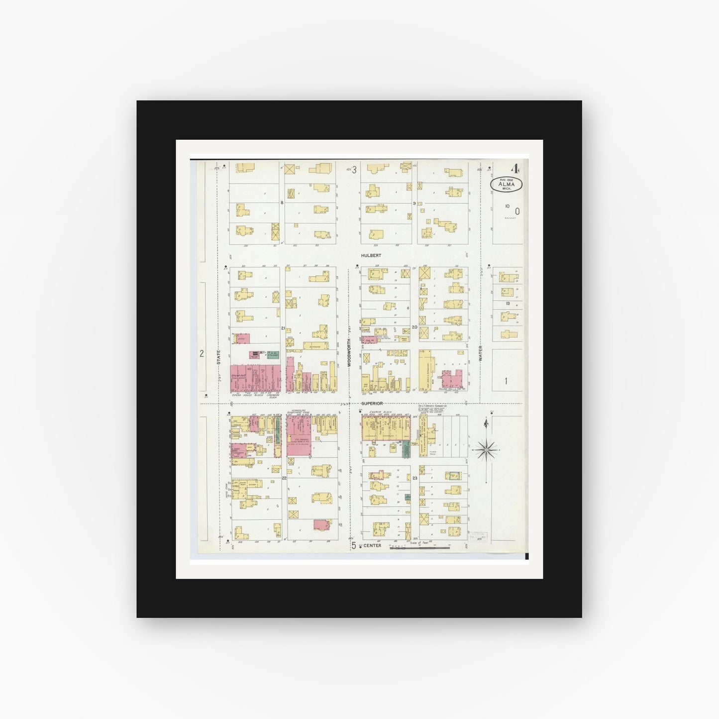 Old map wall art mockup — black gallery frame with white mat — Sanborn Fire Insurance Map from Alma, Gratiot County, Michigan (1902), Sheet #0004