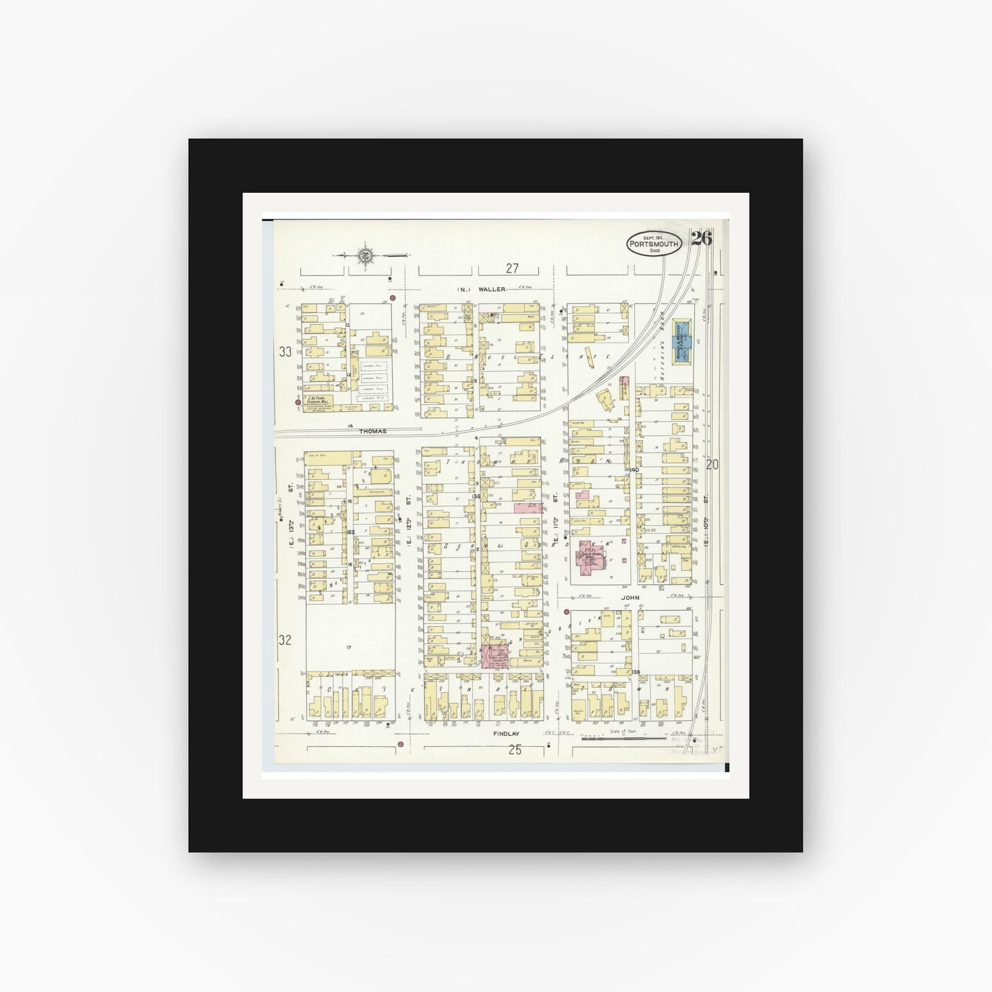 Old map wall art mockup — black gallery frame with white mat — Sanborn Fire Insurance Map from Portsmouth, Scioto County, Ohio (1911), Sheet #0026