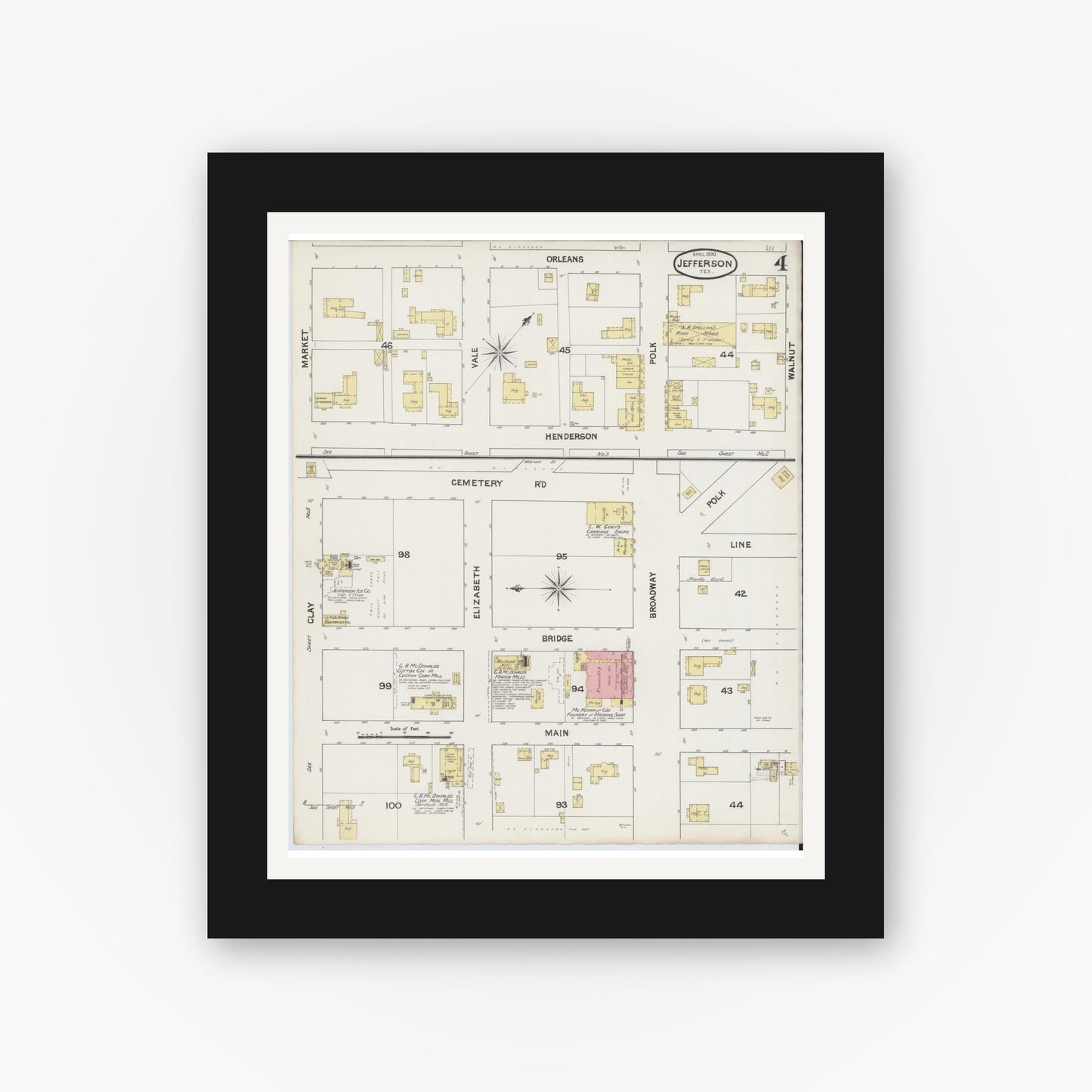 Old map wall art mockup — black gallery frame with white mat — Sanborn Fire Insurance Map from Jefferson, Marion County, Texas (1890), Sheet #0004
