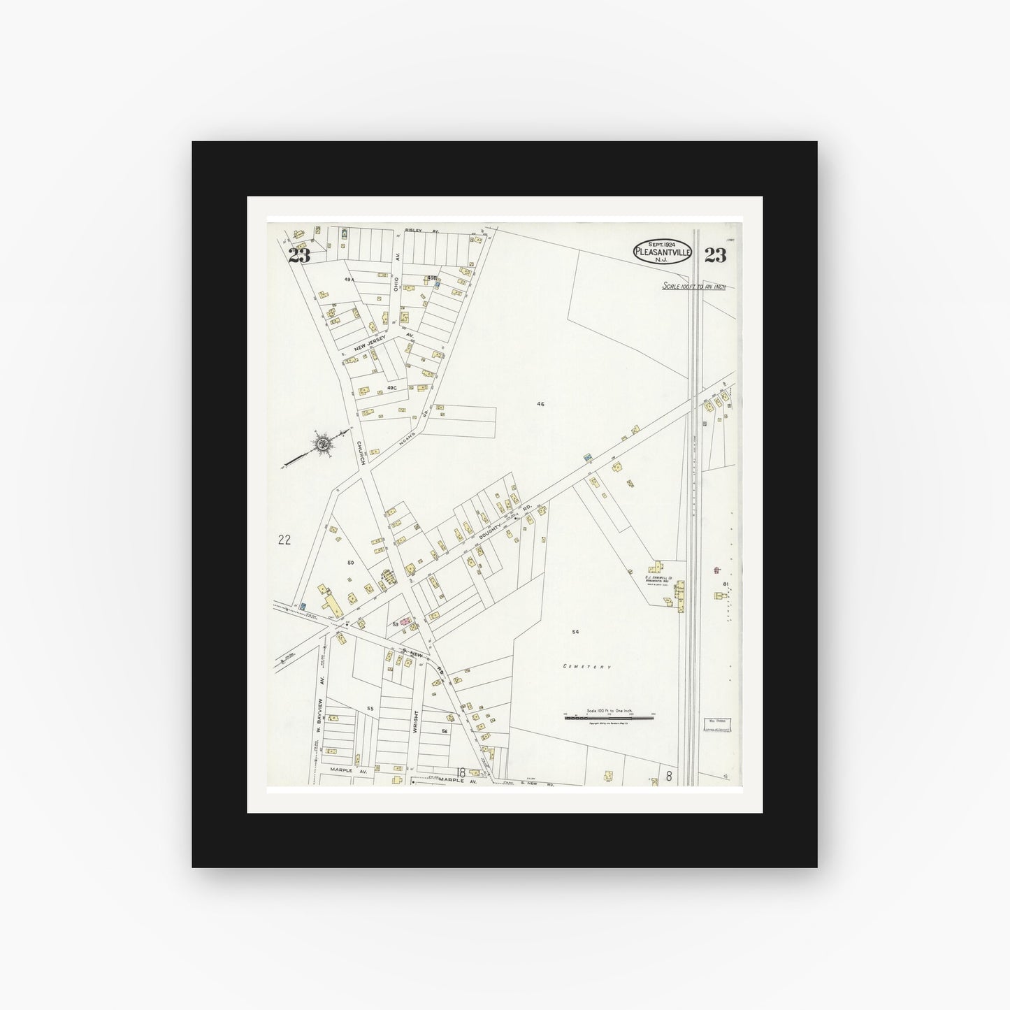 Old map wall art mockup — black gallery frame with white mat — Sanborn Fire Insurance Map from Pleasantville, Atlantic County, New Jersey (1924), Sheet #0023