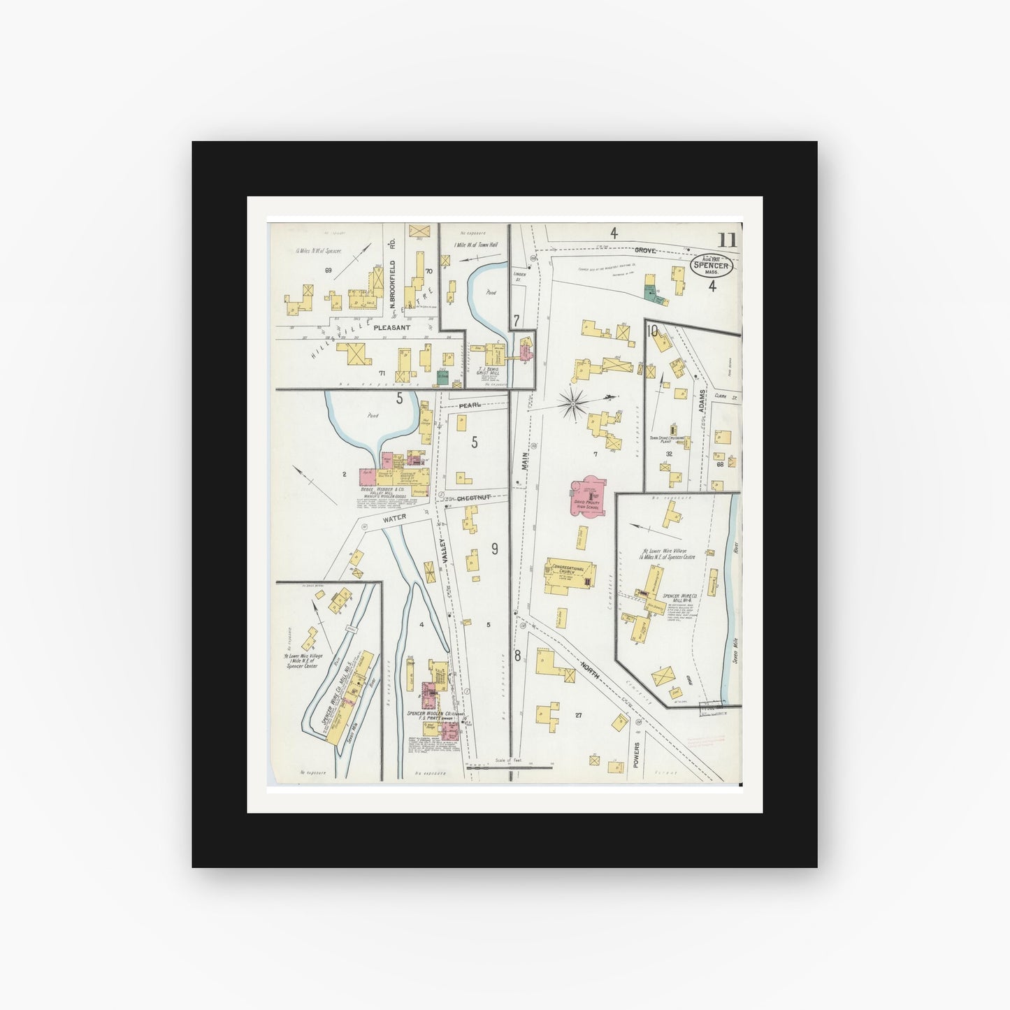 Old map wall art mockup — black gallery frame with white mat — Sanborn Fire Insurance Map from Spencer, Worcester County, Massachusetts (1901), Sheet #0011