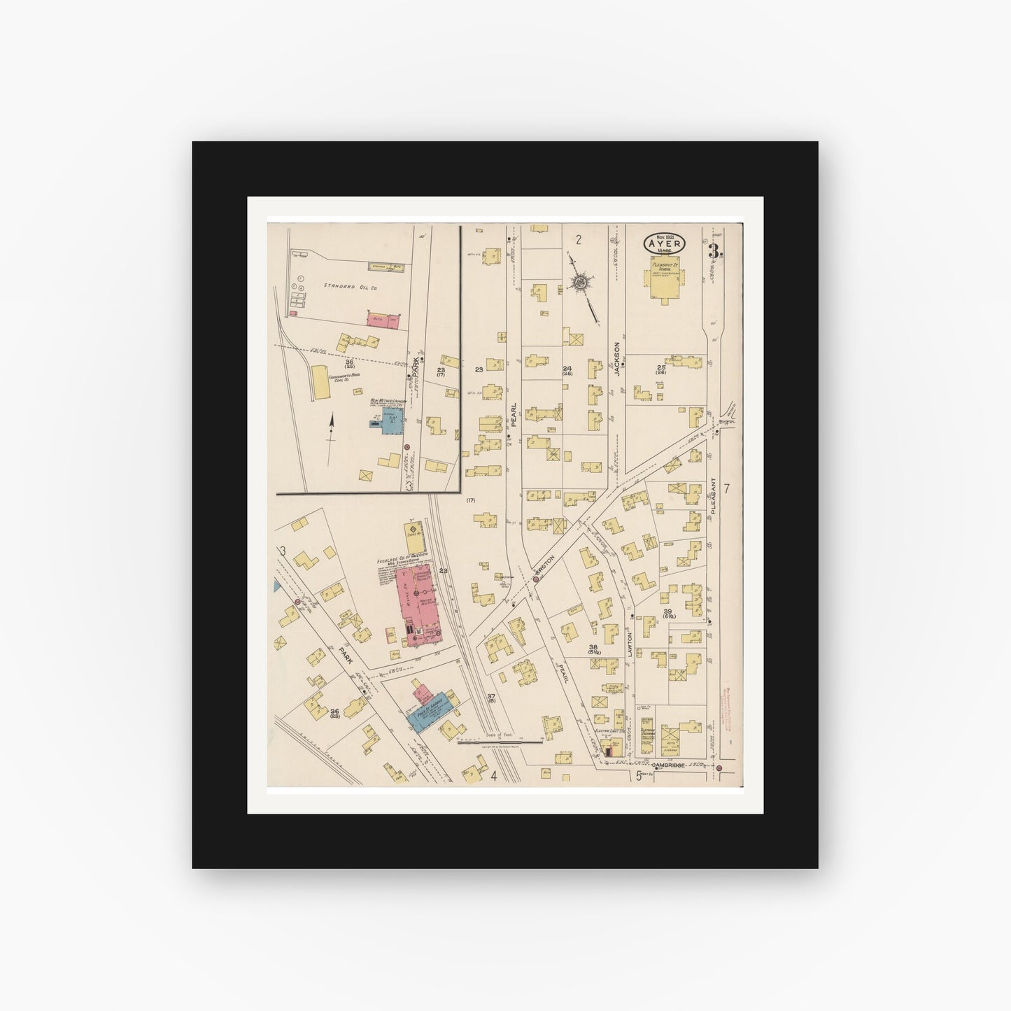 Old map wall art mockup — black gallery frame with white mat — Sanborn Fire Insurance Map from Ayer, Middlesex County, Massachusetts (1921), Sheet #0003