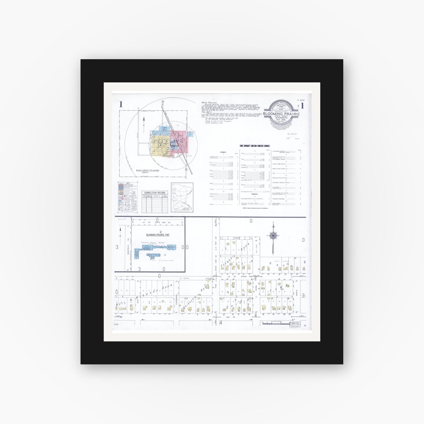 Old map wall art mockup — black gallery frame with white mat — Sanborn Fire Insurance Map from Blooming Prairie, Steele County, Minnesota (1948), Sheet #0001