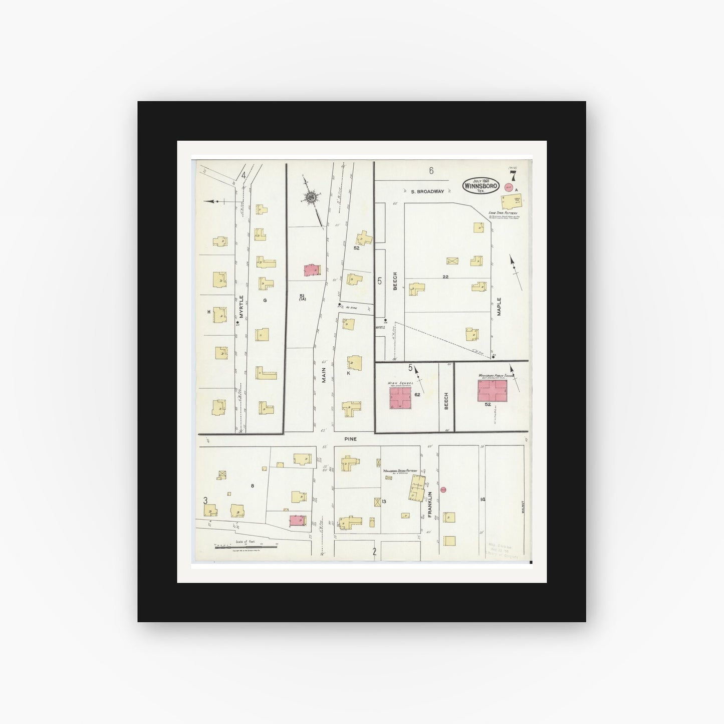 Old map wall art mockup — black gallery frame with white mat — Sanborn Fire Insurance Map from Winnsboro, Wood County, Texas (1921), Sheet #0007