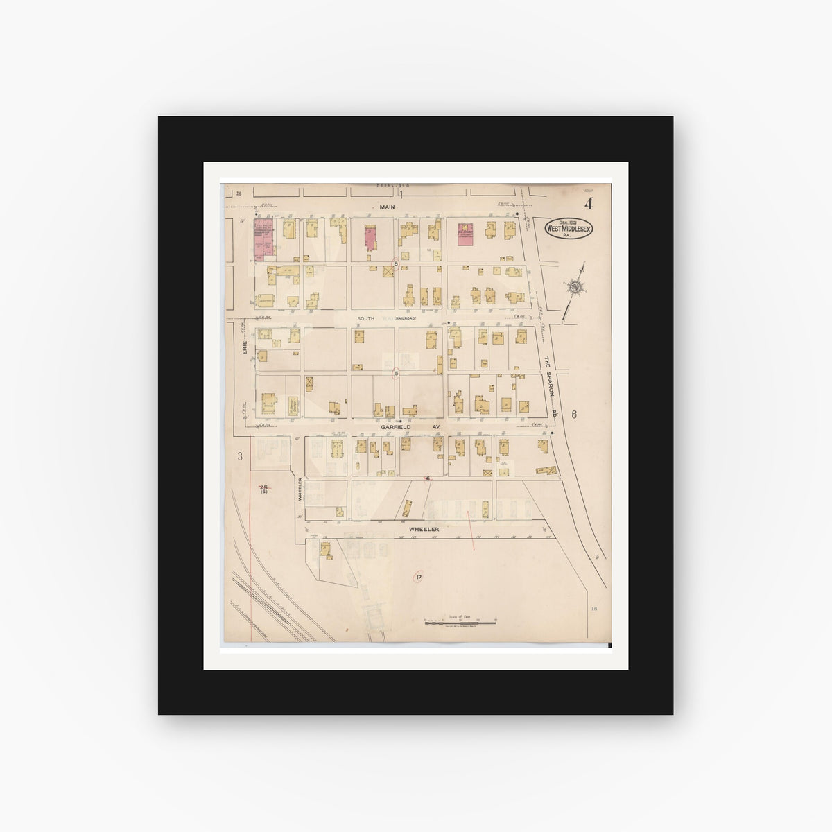 Old map wall art mockup β black gallery frame with white mat β Sanborn Fire Insurance Map from West Middlesex, Mercer County, Pennsylvania (1937), Sheet #0004