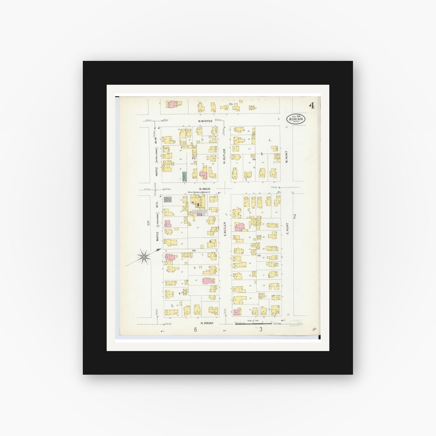 Old map wall art mockup — black gallery frame with white mat — Sanborn Fire Insurance Map from Adrian, Lenawee County, Michigan (1908), Sheet #0004