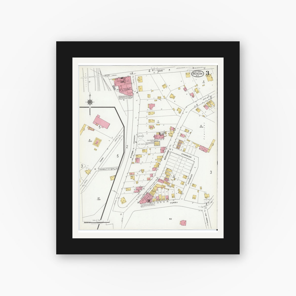 Old map wall art mockup — black gallery frame with white mat — Sanborn Fire Insurance Map from Beacon, Dutchess County, New York (1919), Sheet #0003