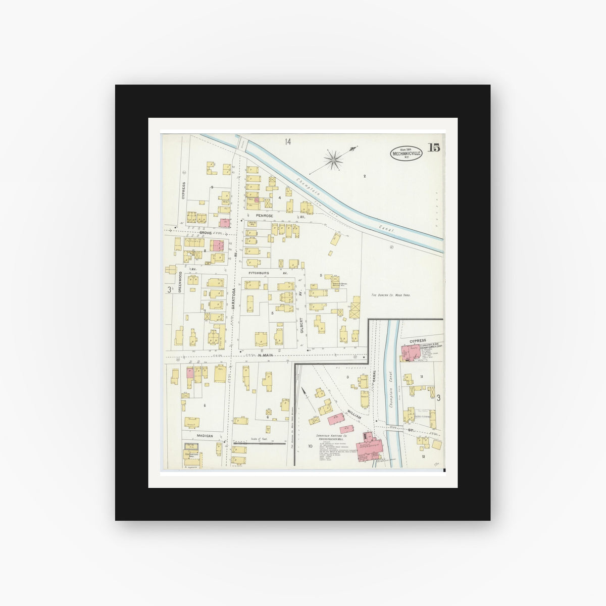 Old map wall art mockup — black gallery frame with white mat — Sanborn Fire Insurance Map from Mechanicville, Saratoga County, New York (1904), Sheet #0014