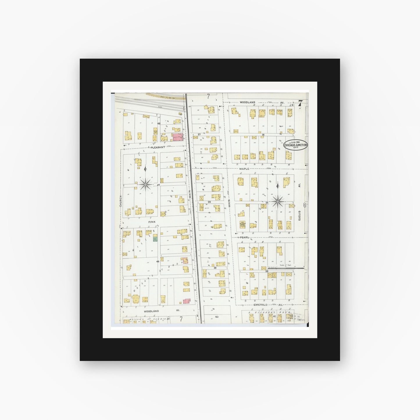 Old map wall art mockup — black gallery frame with white mat — Sanborn Fire Insurance Map from Chicago Junction, Huron County, Ohio (1904), Sheet #0007