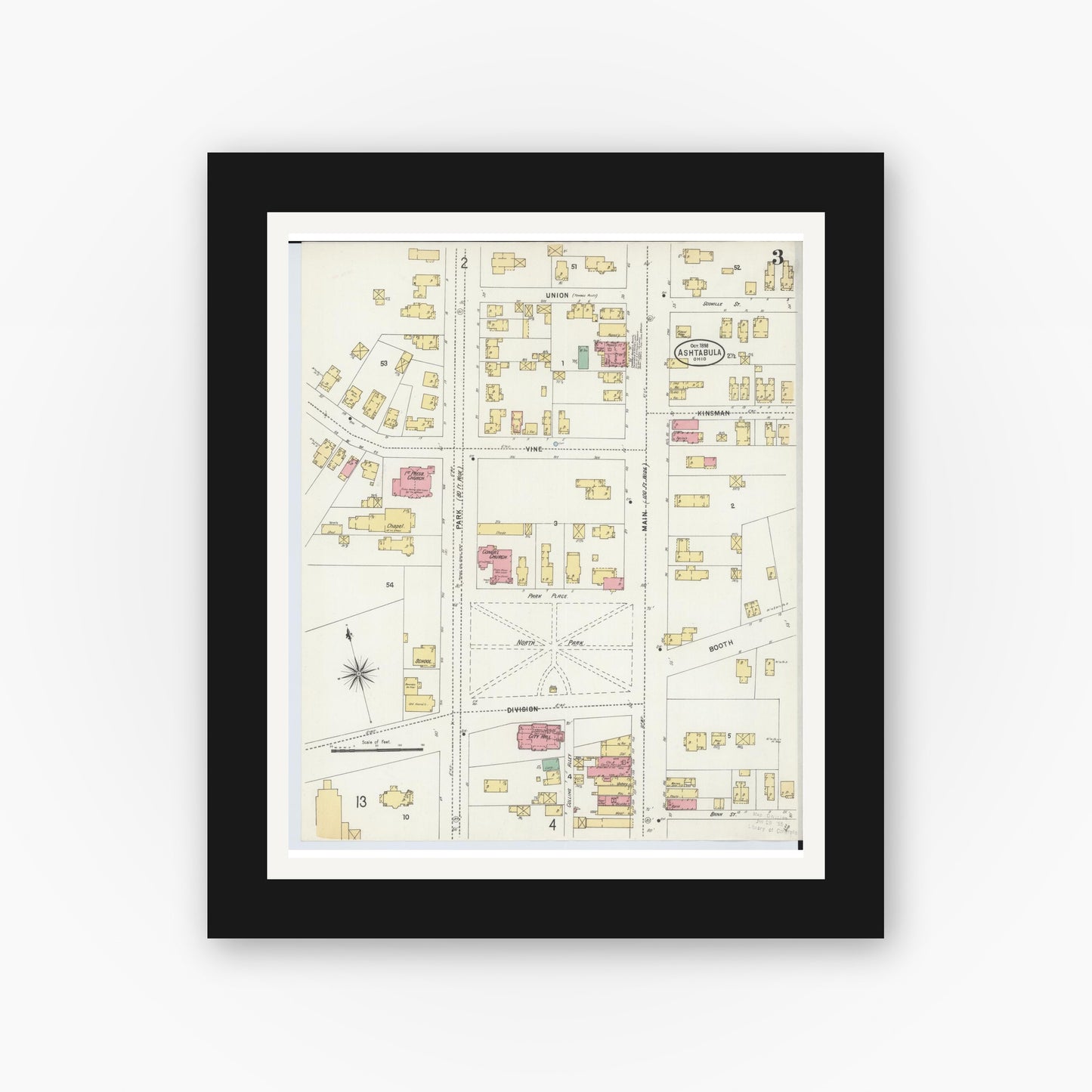 Old map wall art mockup — black gallery frame with white mat — Sanborn Fire Insurance Map from Ashtabula, Ashtabula County, Ohio (1898), Sheet #0003