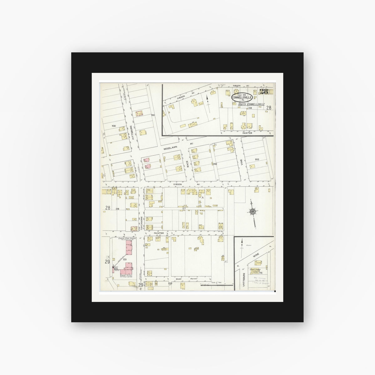 Old map wall art mockup β black gallery frame with white mat β Sanborn Fire Insurance Map from Connellsville, Fayette County, Pennsylvania (1914), Sheet #0028