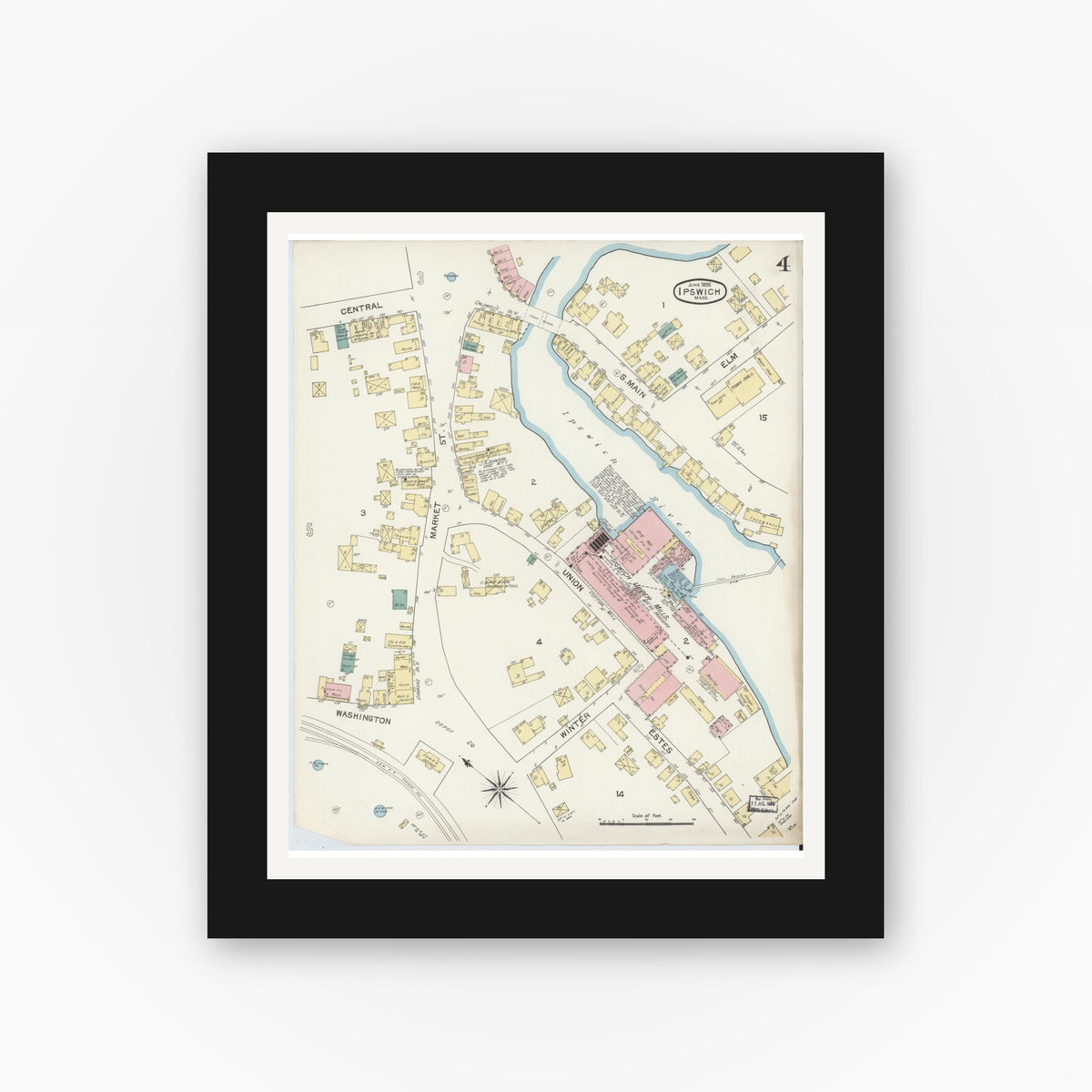 Old map wall art mockup — black gallery frame with white mat — Sanborn Fire Insurance Map from Ipswich, Essex County, Massachusetts (1892), Sheet #0004