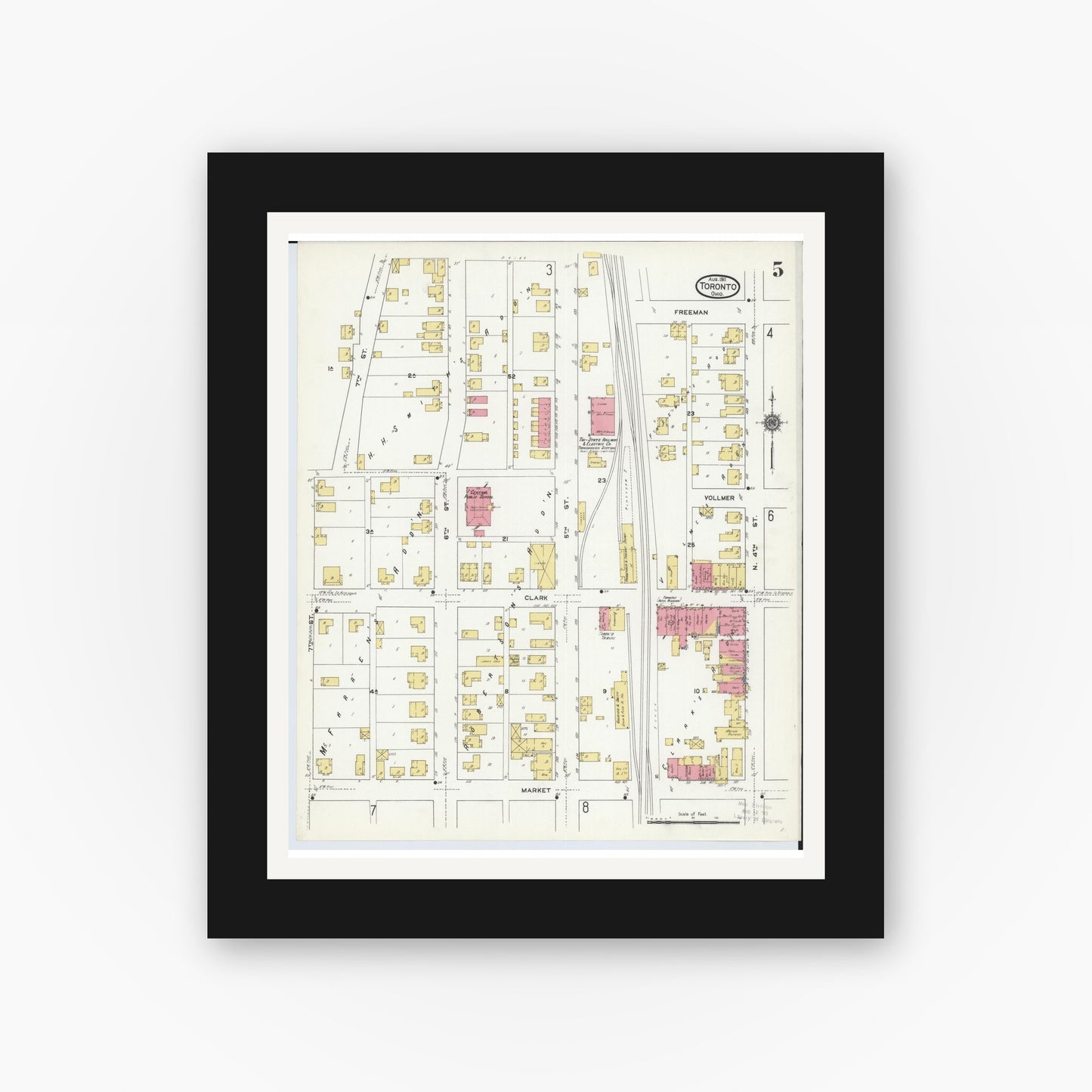 Old map wall art mockup — black gallery frame with white mat — Sanborn Fire Insurance Map from Toronto, Jefferson County, Ohio (1911), Sheet #0005