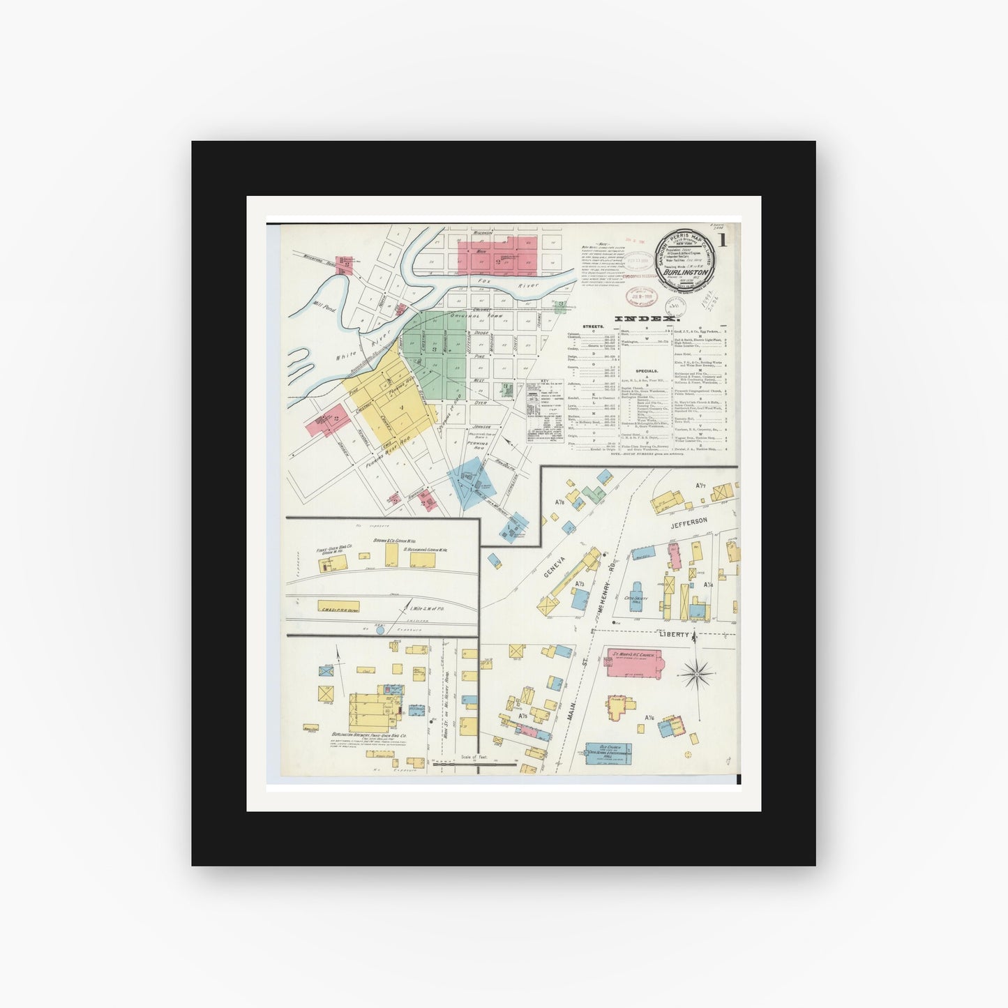 Old map wall art mockup — black gallery frame with white mat — Sanborn Fire Insurance Map from Burlington, Racine County, Wisconsin (1898) - Complete Map Set