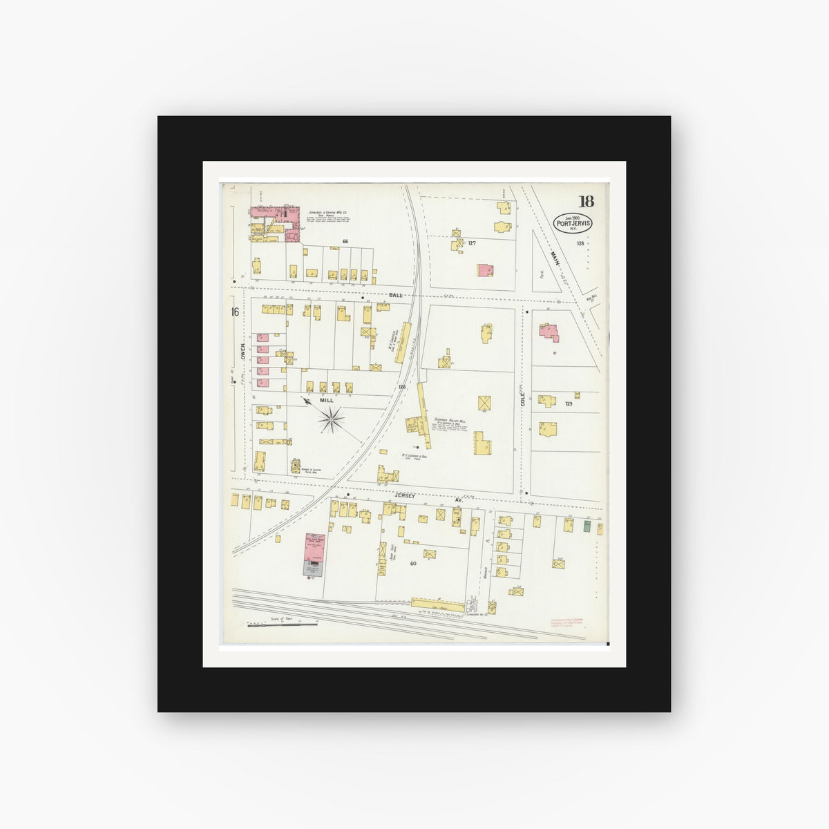 Old map wall art mockup — black gallery frame with white mat — Sanborn Fire Insurance Map from Port Jervis, Orange County, New York (1900), Sheet #0018