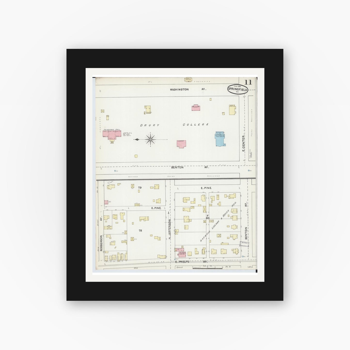Old map wall art mockup — black gallery frame with white mat — Sanborn Fire Insurance Map from Springfield, Greene County, Missouri (1891), Sheet #0011