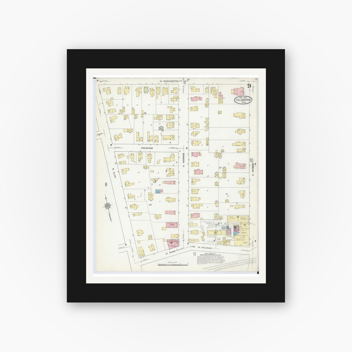 Old map wall art mockup — black gallery frame with white mat — Sanborn Fire Insurance Map from Coldwater, Branch County, Michigan (1914), Sheet #0009