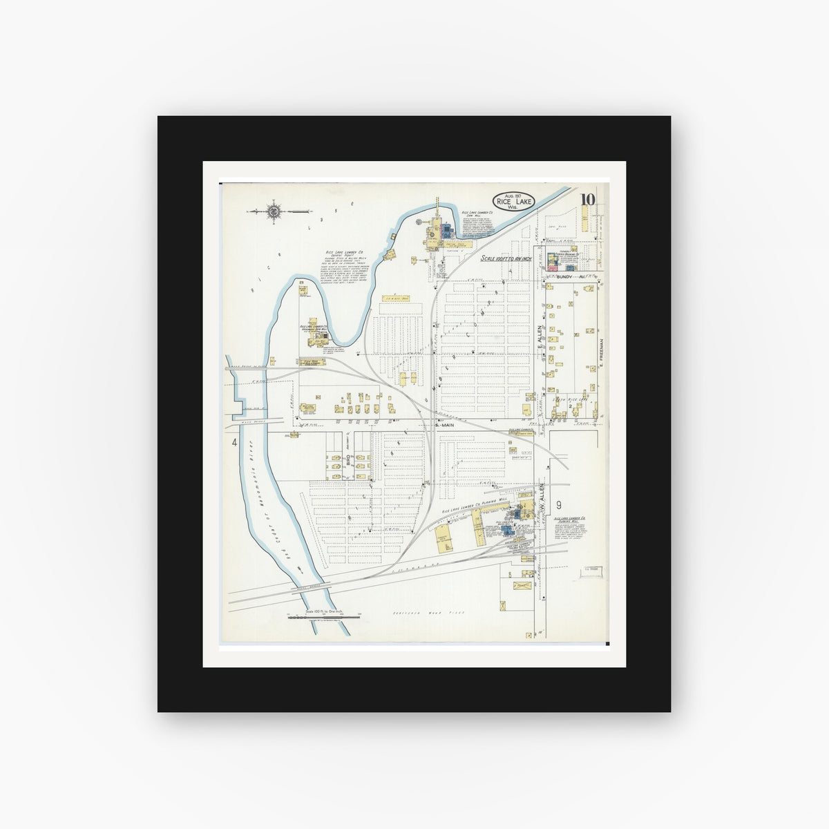 Old map wall art mockup — black gallery frame with white mat — Sanborn Fire Insurance Map from Rice Lake, Barron County, Wisconsin (1917), Sheet #0010