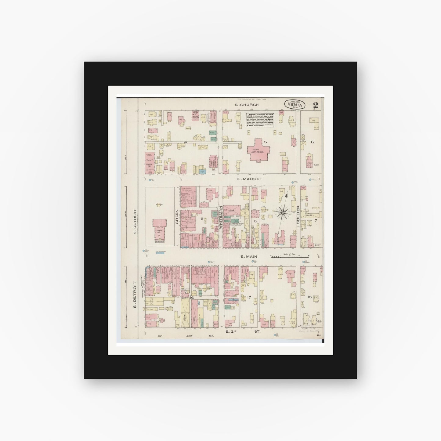 Old map wall art mockup — black gallery frame with white mat — Sanborn Fire Insurance Map from Xenia, Greene County, Ohio (1885), Sheet #0002