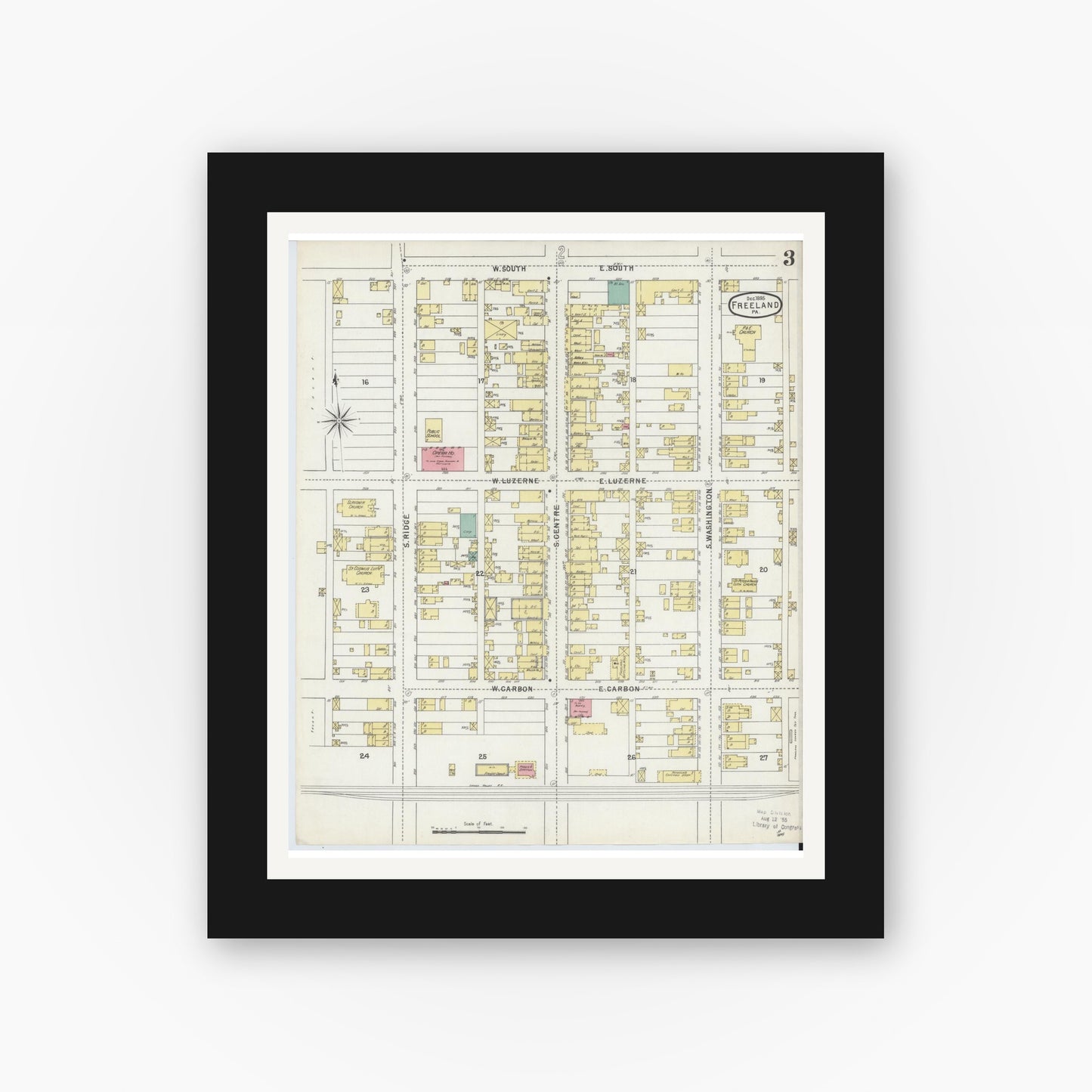 Old map wall art mockup — black gallery frame with white mat — Sanborn Fire Insurance Map from Freeland, Luzerne County, Pennsylvania (1895), Sheet #0003