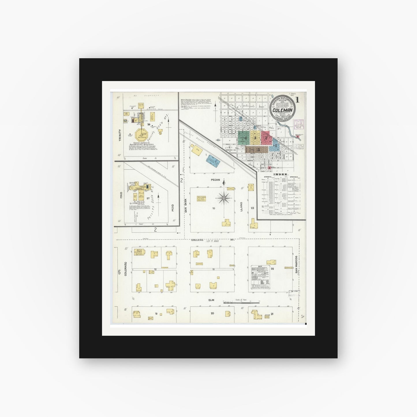Old map wall art mockup — black gallery frame with white mat — Sanborn Fire Insurance Map from Coleman, Coleman County, Texas (1904) - Complete Map Set