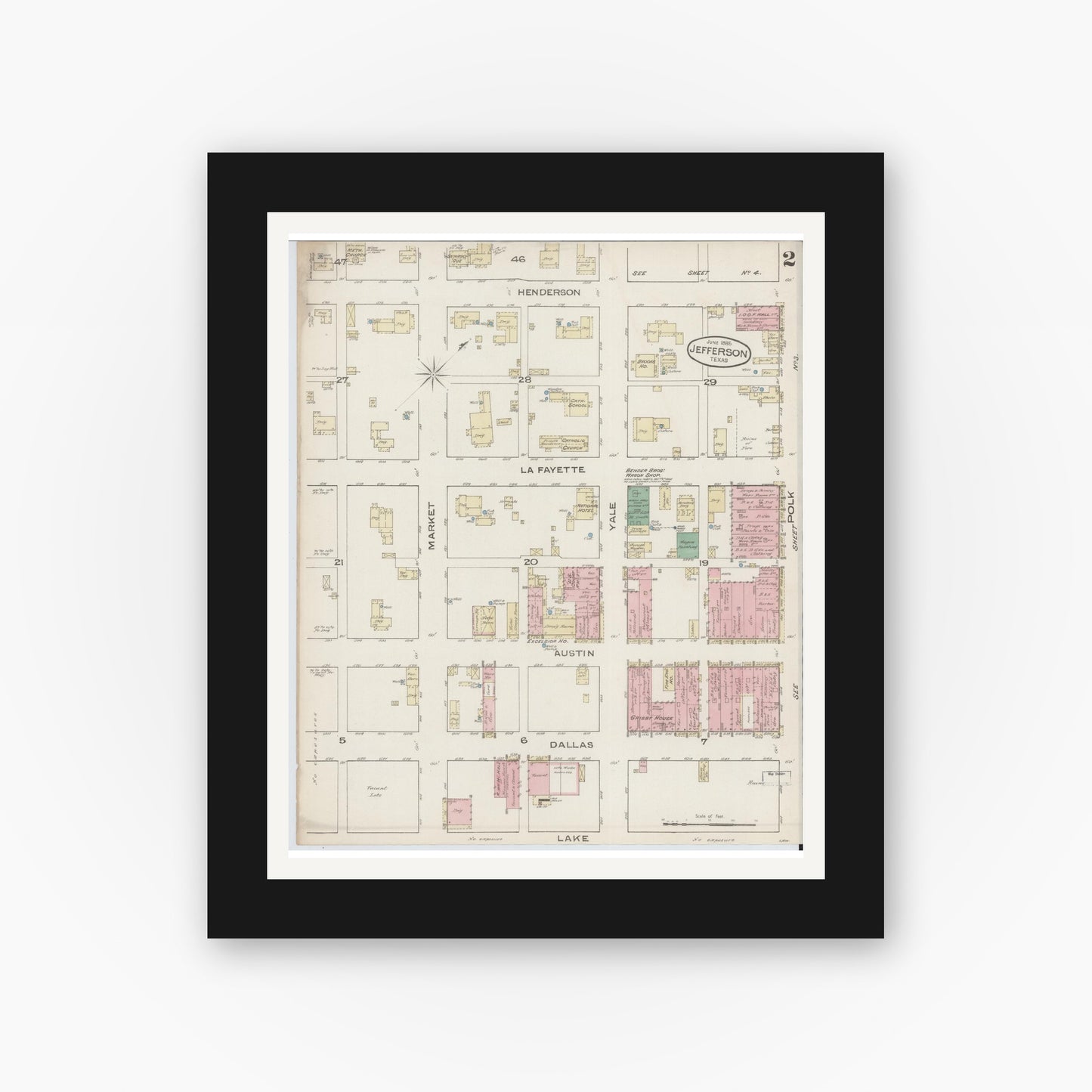 Old map wall art mockup — black gallery frame with white mat — Sanborn Fire Insurance Map from Jefferson, Marion County, Texas (1885), Sheet #0002