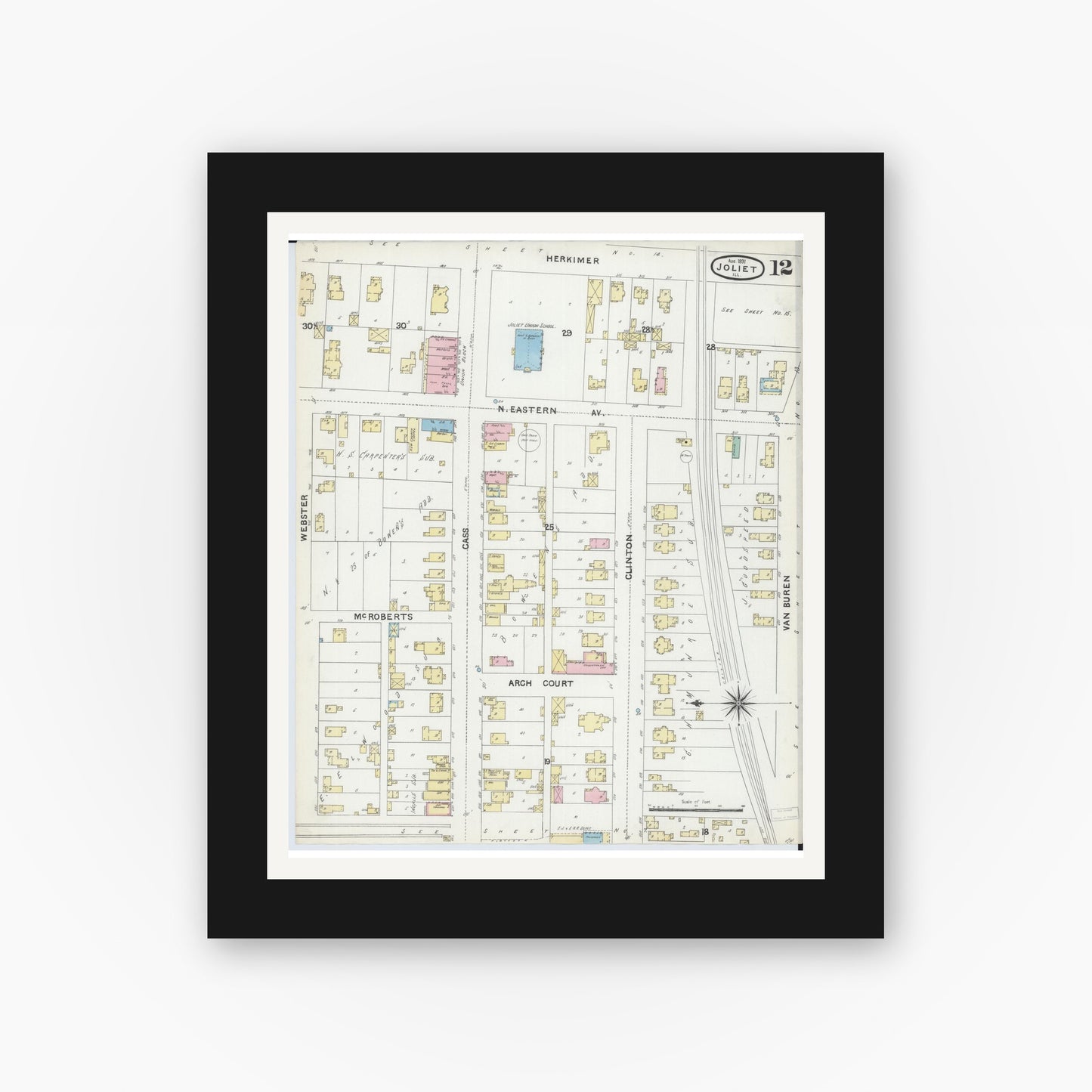 Old map wall art mockup — black gallery frame with white mat — Sanborn Fire Insurance Map from Joliet, Will County, Illinois (1891), Sheet #0012