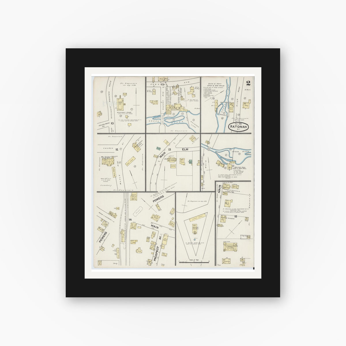 Old map wall art mockup — black gallery frame with white mat — Sanborn Fire Insurance Map from Katonah, Westchester County, New York (1890), Sheet #0002